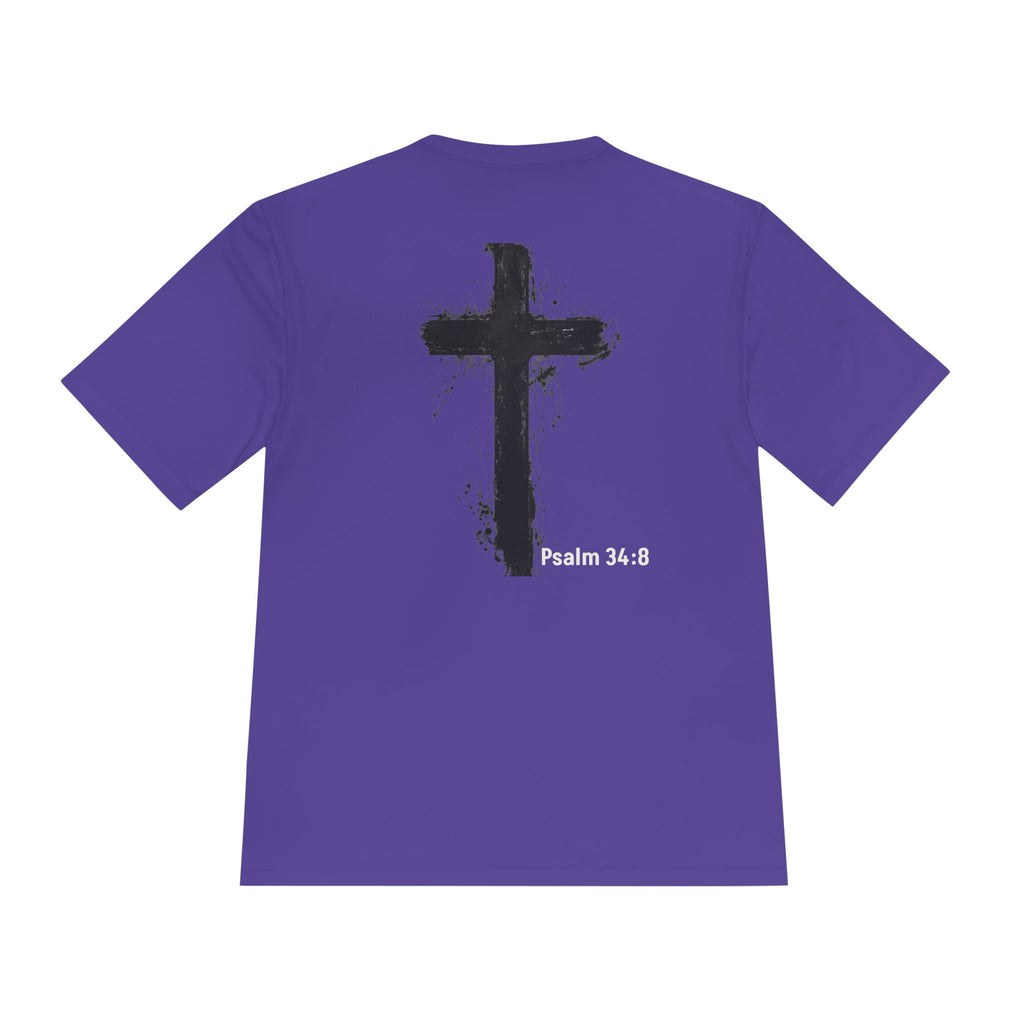 Christian Tee — "God Stuff Is Good Stuff" Psalm 34:8 Cross Graphic Moisture-Wicking Shirt
