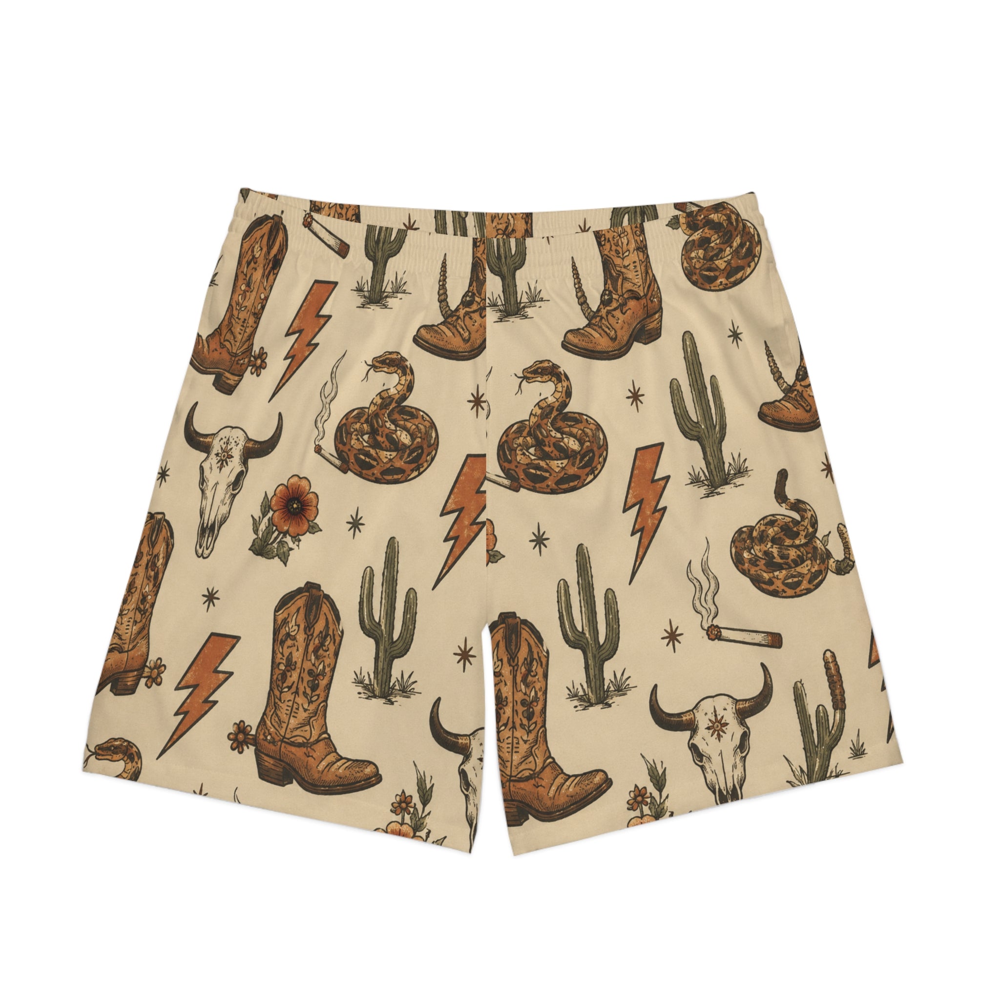 Western Desert Pattern Beach Shorts — Cowboy Boots, Snake & Cactus Print