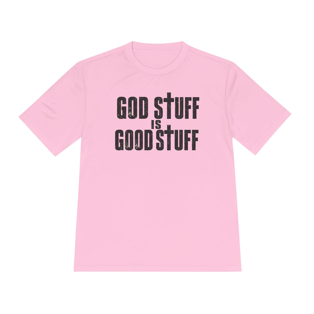 Christian Tee — "God Stuff Is Good Stuff" Psalm 34:8 Cross Graphic Moisture-Wicking Shirt