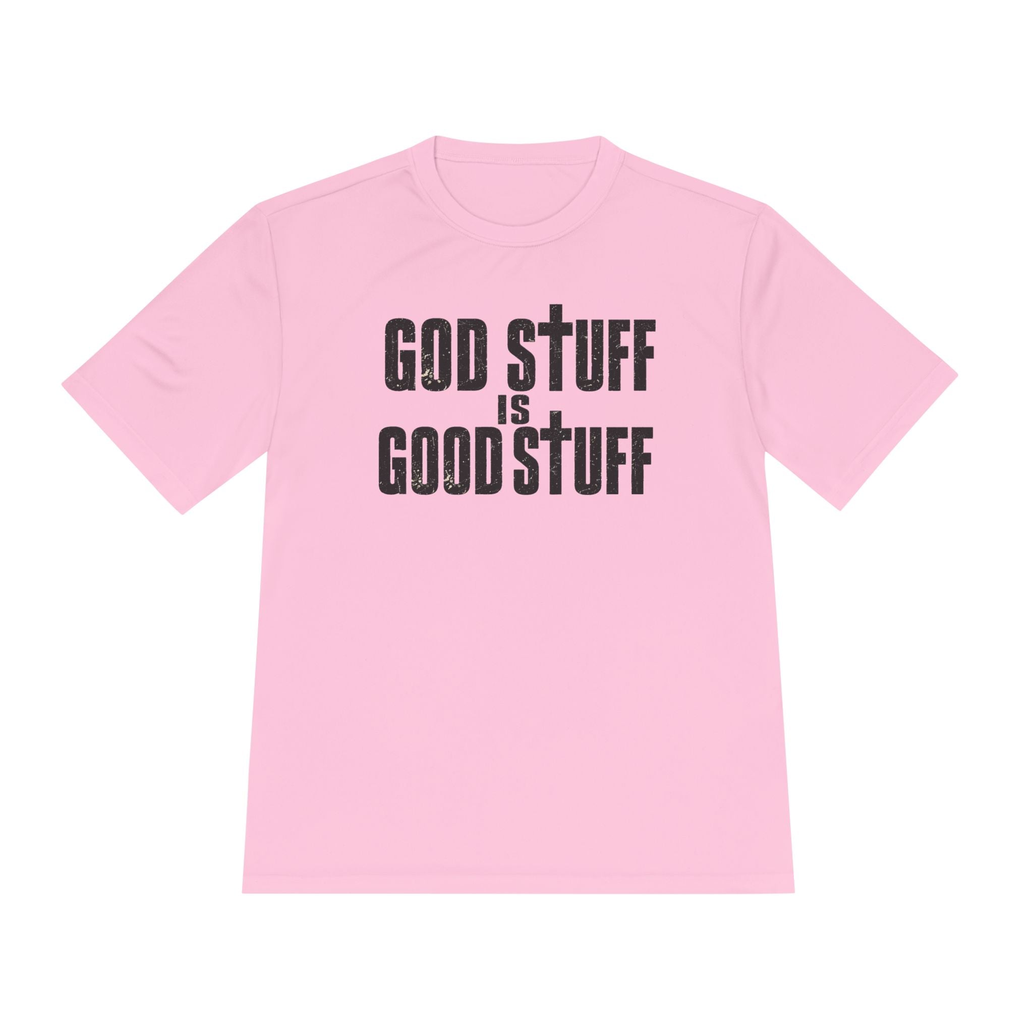 Christian Tee — "God Stuff Is Good Stuff" Psalm 34:8 Cross Graphic Moisture-Wicking Shirt