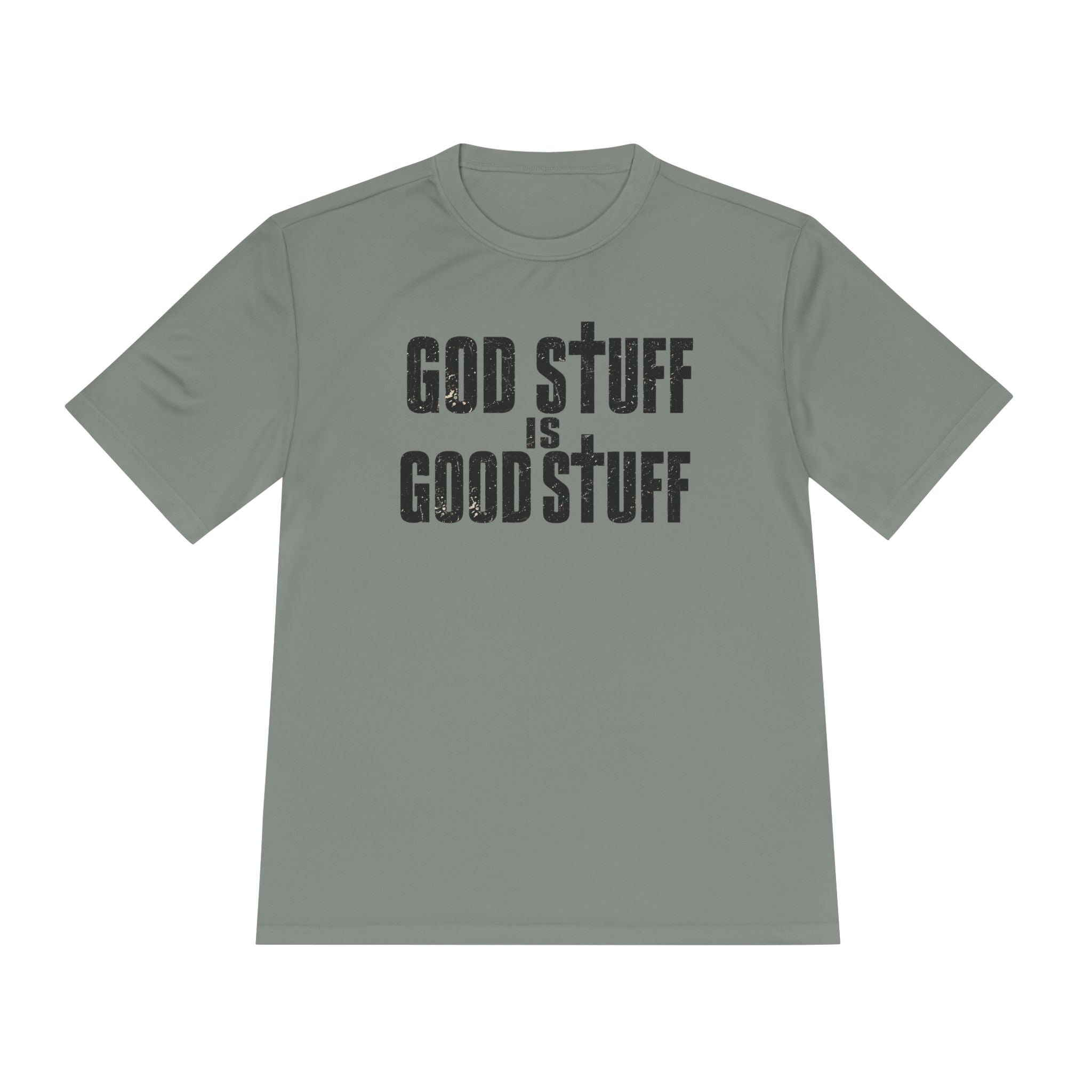 Christian Tee — "God Stuff Is Good Stuff" Psalm 34:8 Cross Graphic Moisture-Wicking Shirt