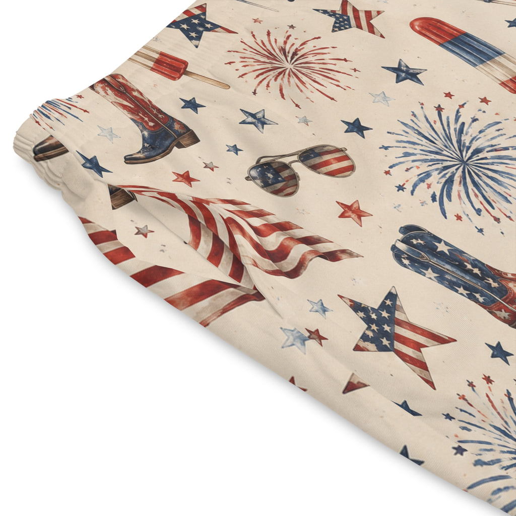 Patriotic Fourth of July Beach Shorts — American Flag Fireworks Print