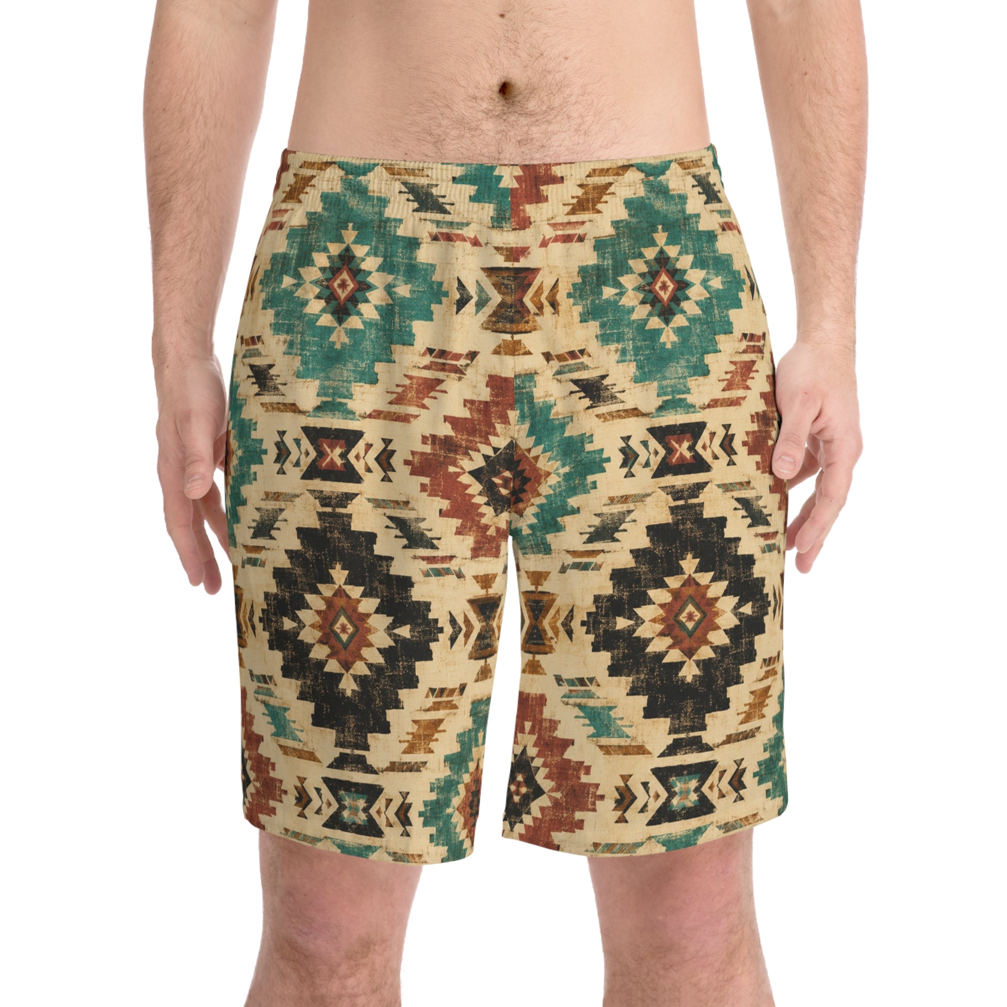 Aztec Tribal Print Beach Shorts — Men's Elastic Swim Trunks