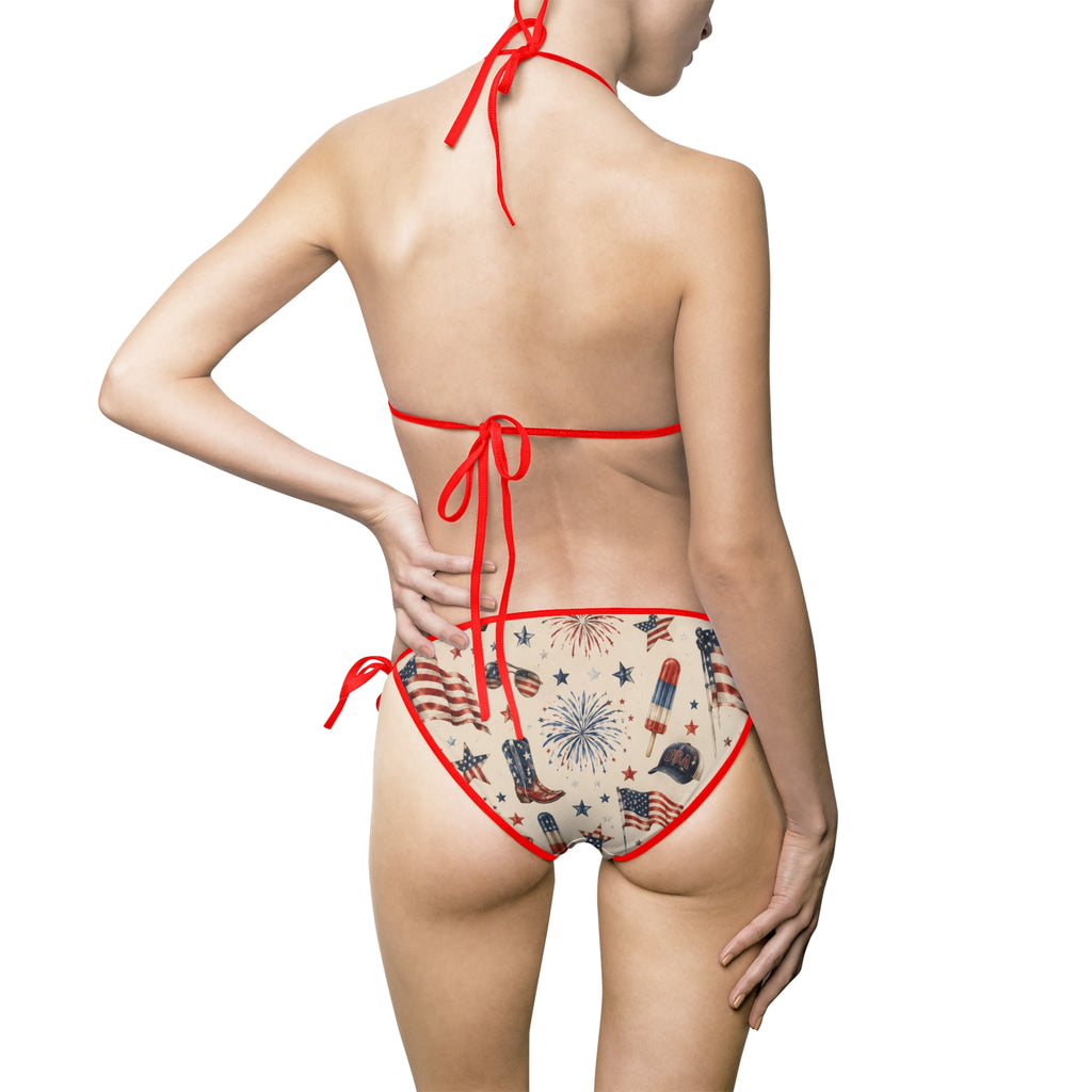 American Flag Tattoo Print Bikini — Women's Tie-Side Swimwear