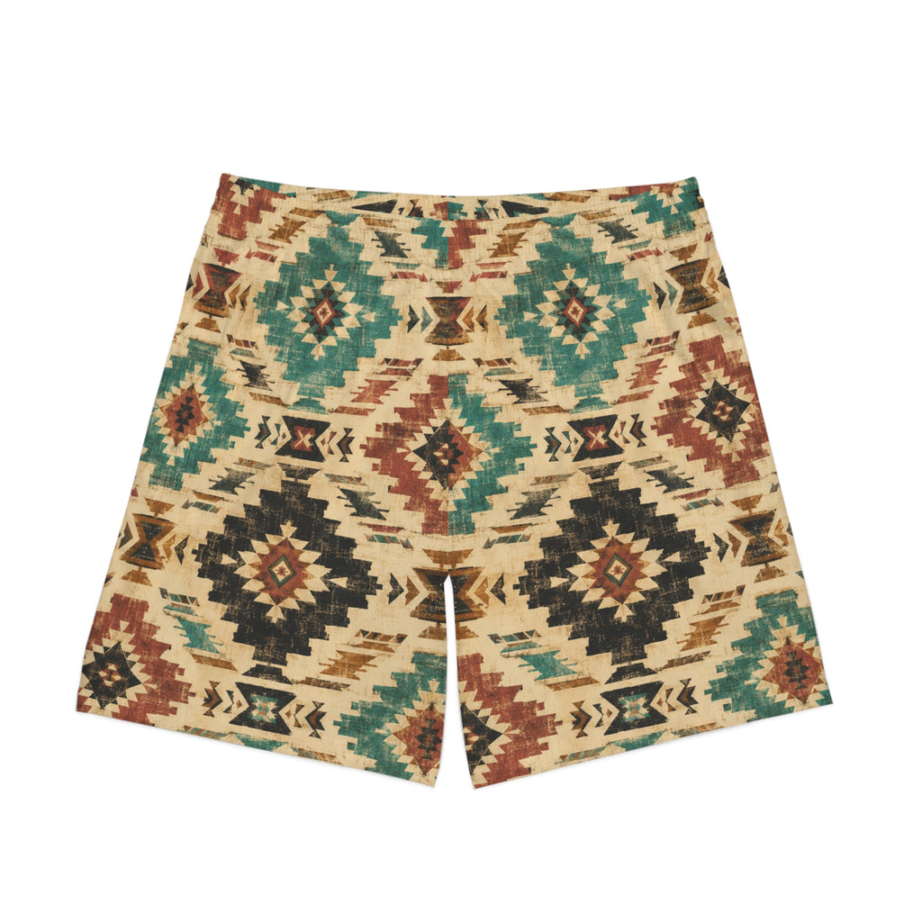 Aztec Tribal Print Beach Shorts — Men's Elastic Swim Trunks