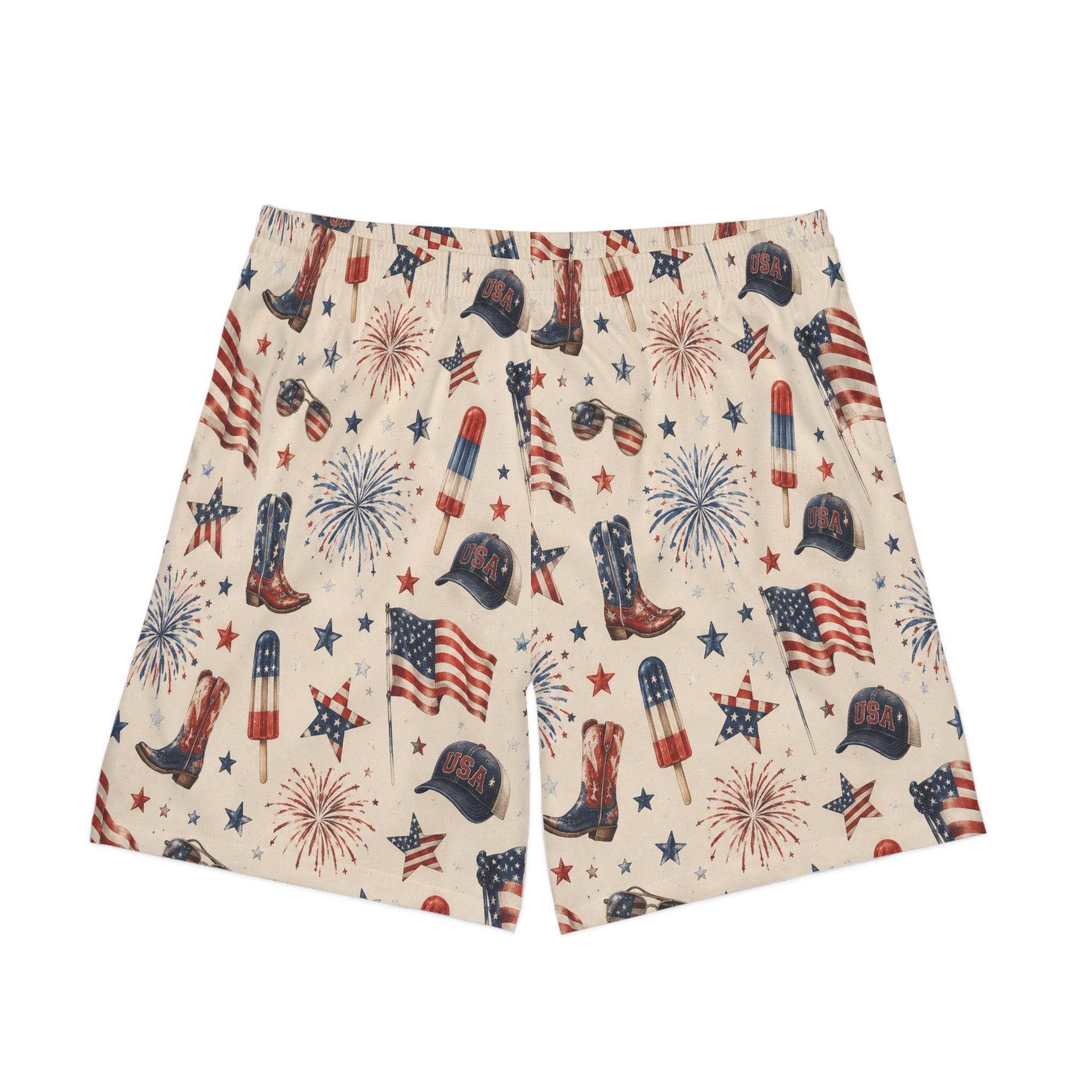 Patriotic Fourth of July Beach Shorts — American Flag Fireworks Print