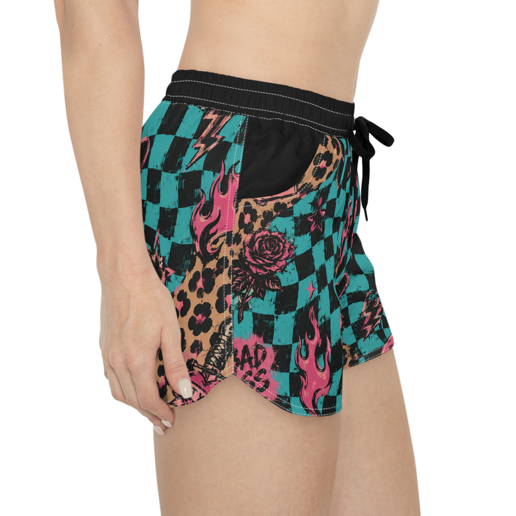 Checkerboard Leopard Flame Patterned Women's Casual Shorts — 'Don't Care' Graphic