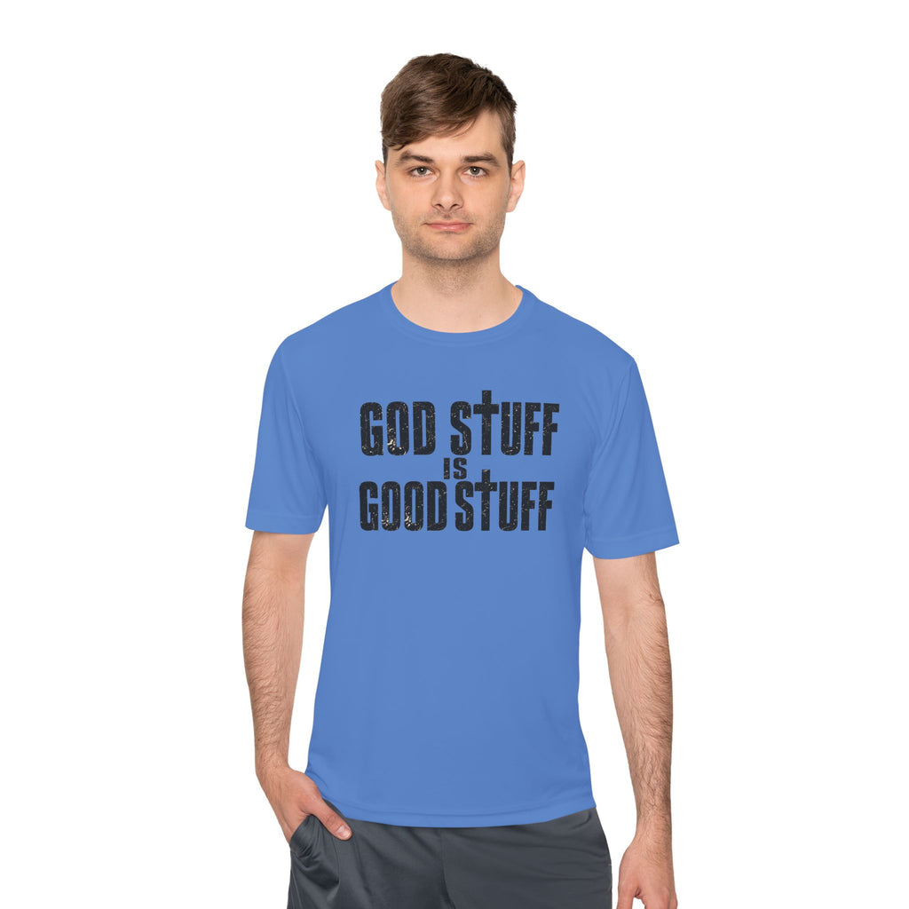 Christian Tee — "God Stuff Is Good Stuff" Psalm 34:8 Cross Graphic Moisture-Wicking Shirt