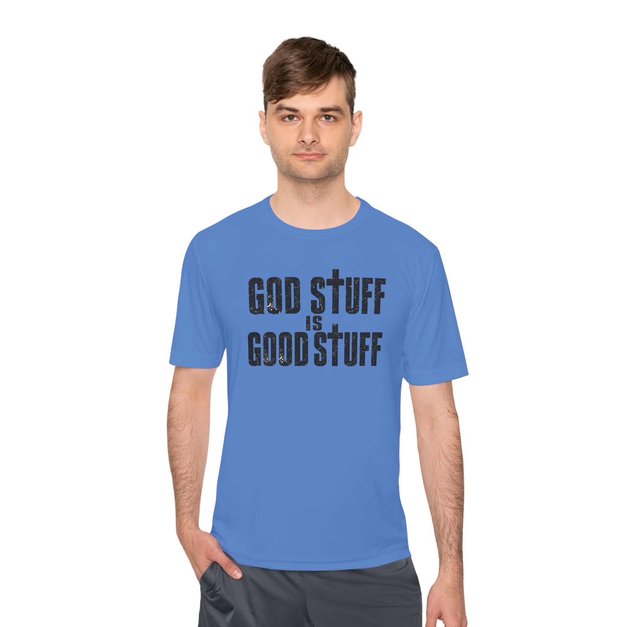 Christian Tee — "God Stuff Is Good Stuff" Psalm 34:8 Cross Graphic Moisture-Wicking Shirt