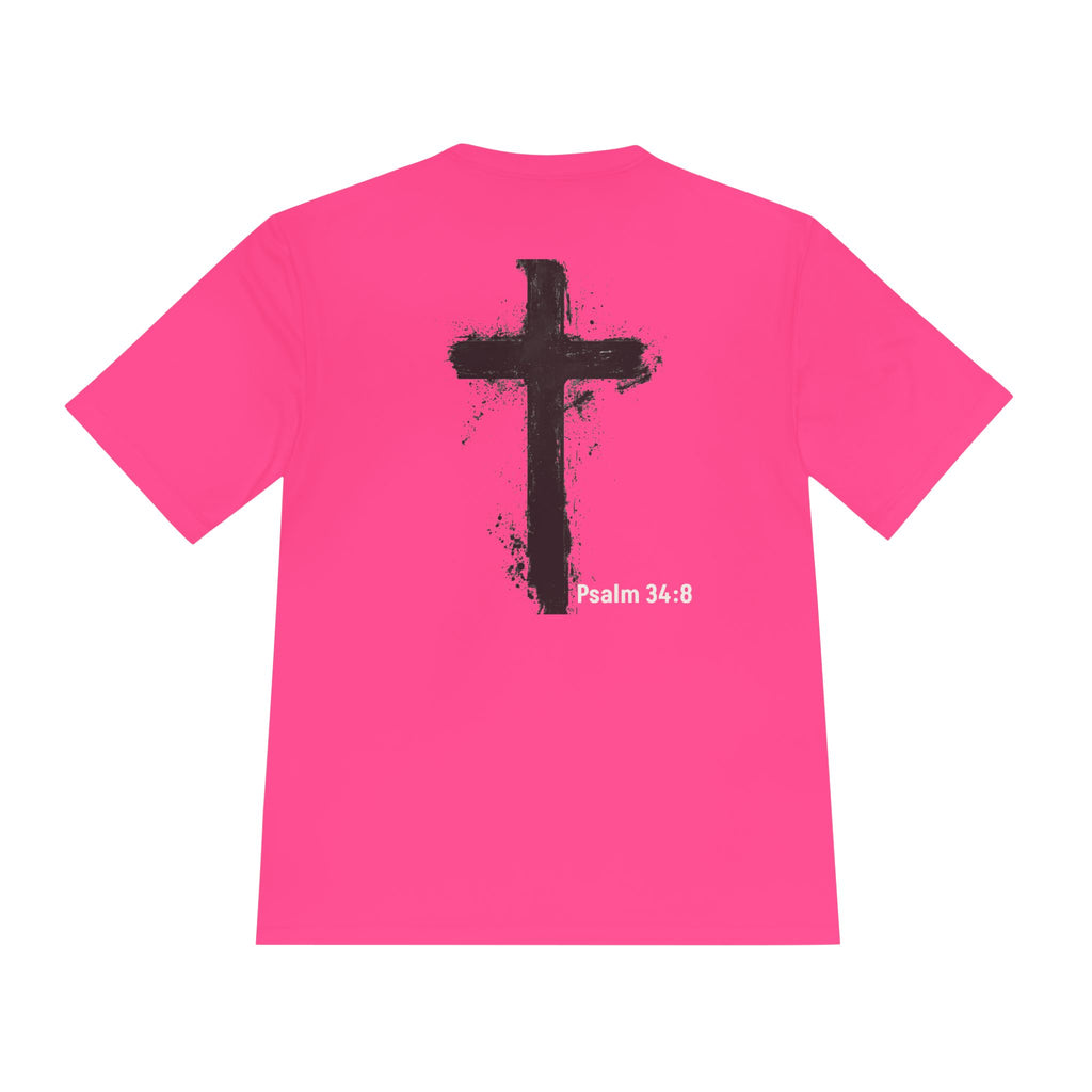 Christian Tee — "God Stuff Is Good Stuff" Psalm 34:8 Cross Graphic Moisture-Wicking Shirt