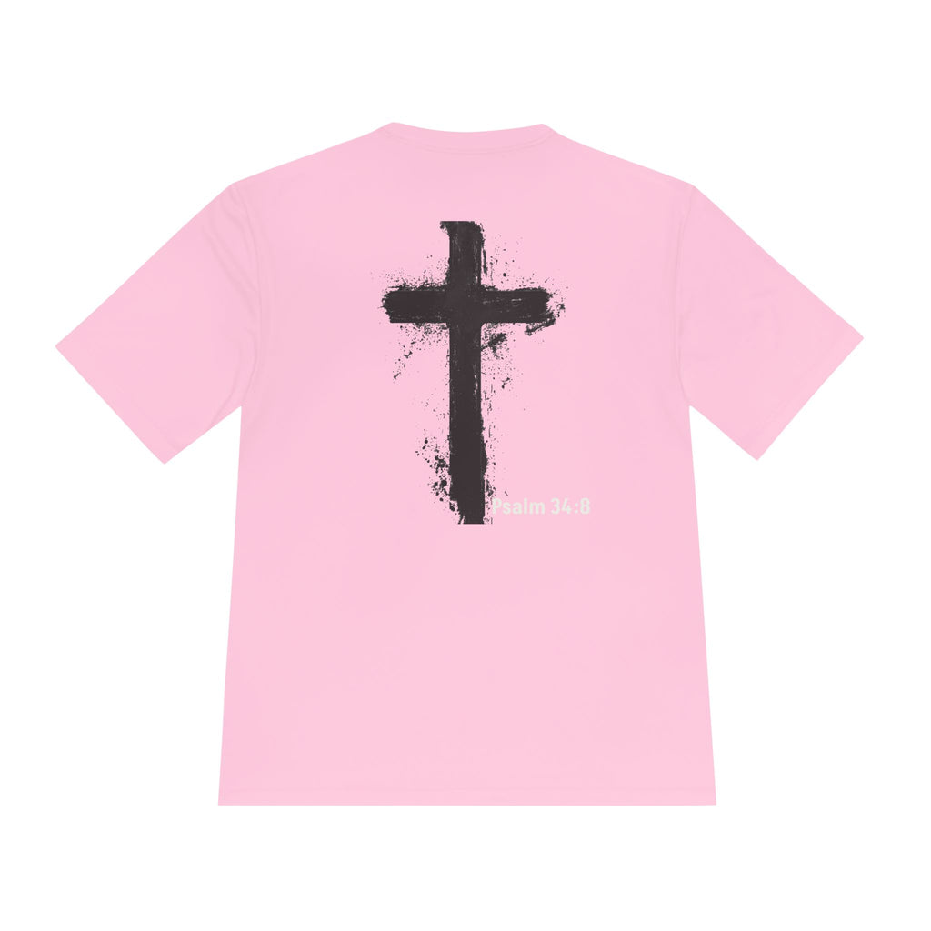 Christian Tee — "God Stuff Is Good Stuff" Psalm 34:8 Cross Graphic Moisture-Wicking Shirt