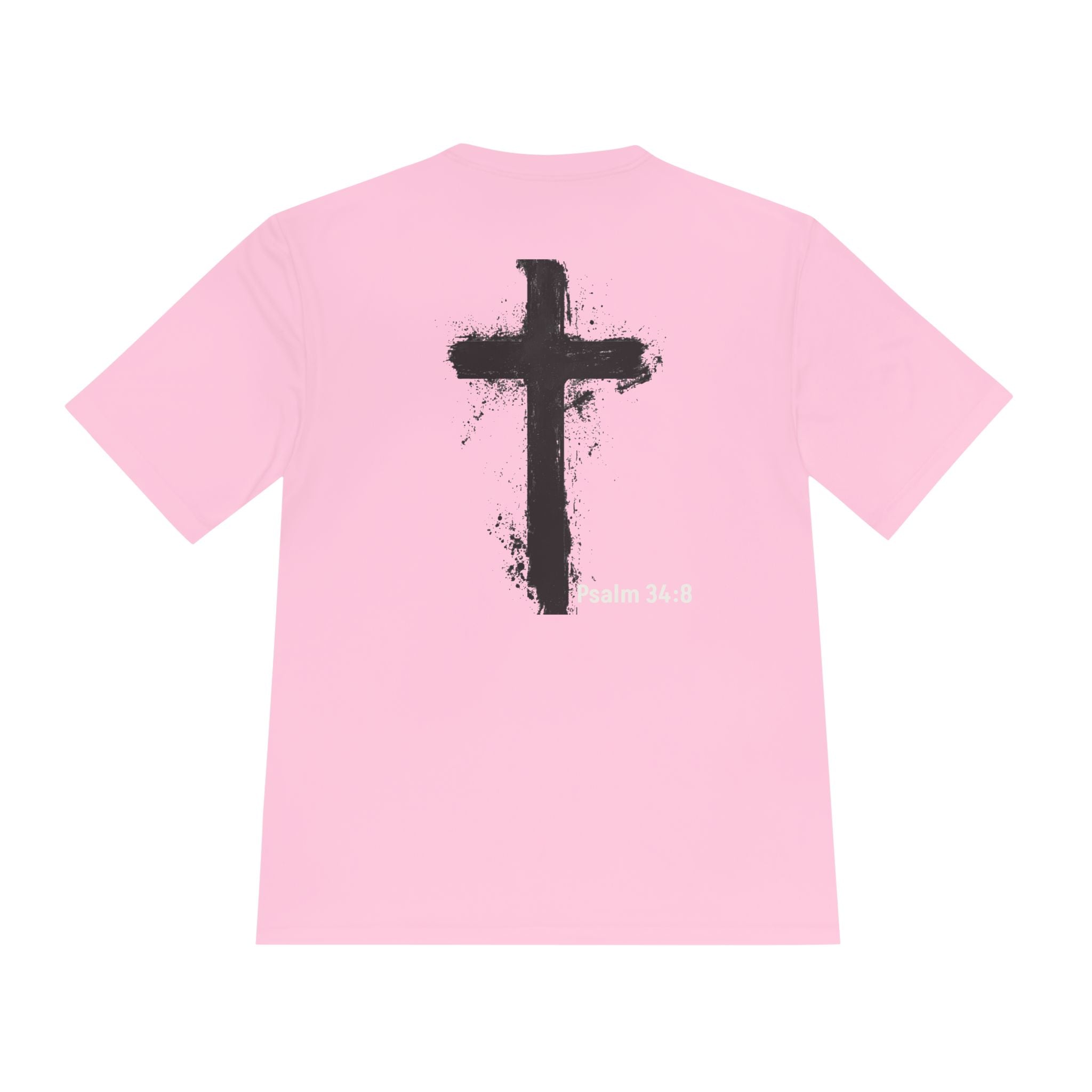 Christian Tee — "God Stuff Is Good Stuff" Psalm 34:8 Cross Graphic Moisture-Wicking Shirt