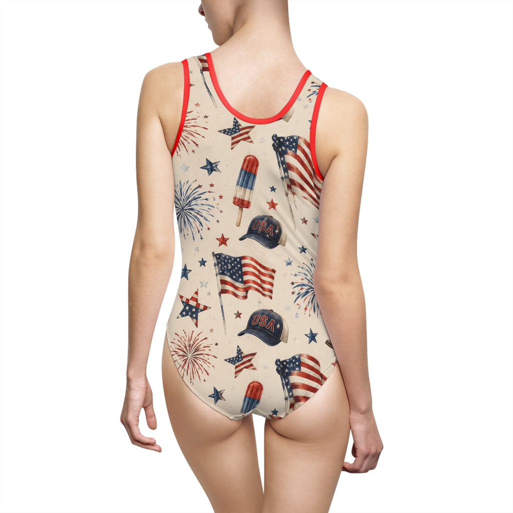 Patriotic American Flag One-Piece Swimsuit – Stars, Fireworks & Summer Icons