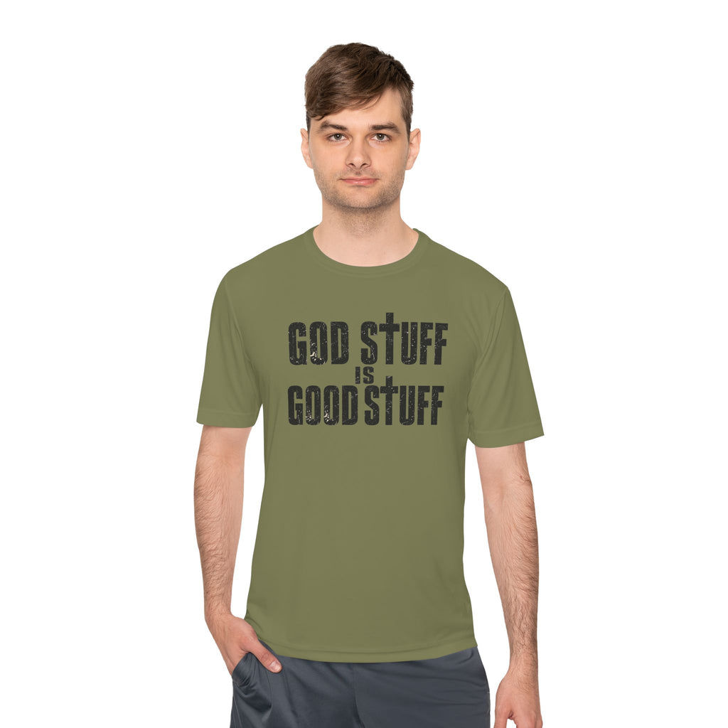 Christian Tee — "God Stuff Is Good Stuff" Psalm 34:8 Cross Graphic Moisture-Wicking Shirt