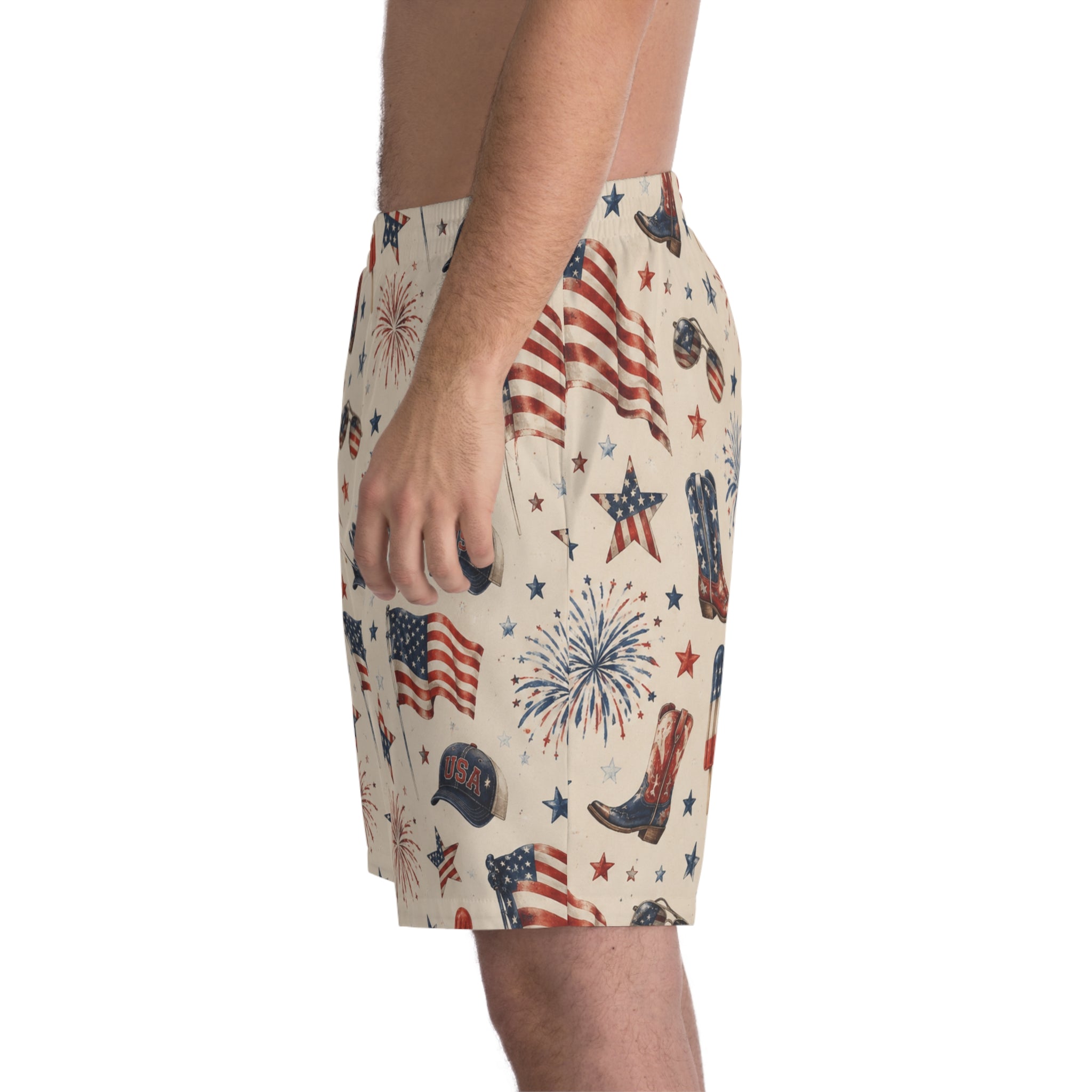 Patriotic Fourth of July Beach Shorts — American Flag Fireworks Print