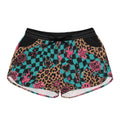 Checkerboard Leopard Flame Patterned Women's Casual Shorts — 'Don't Care' Graphic