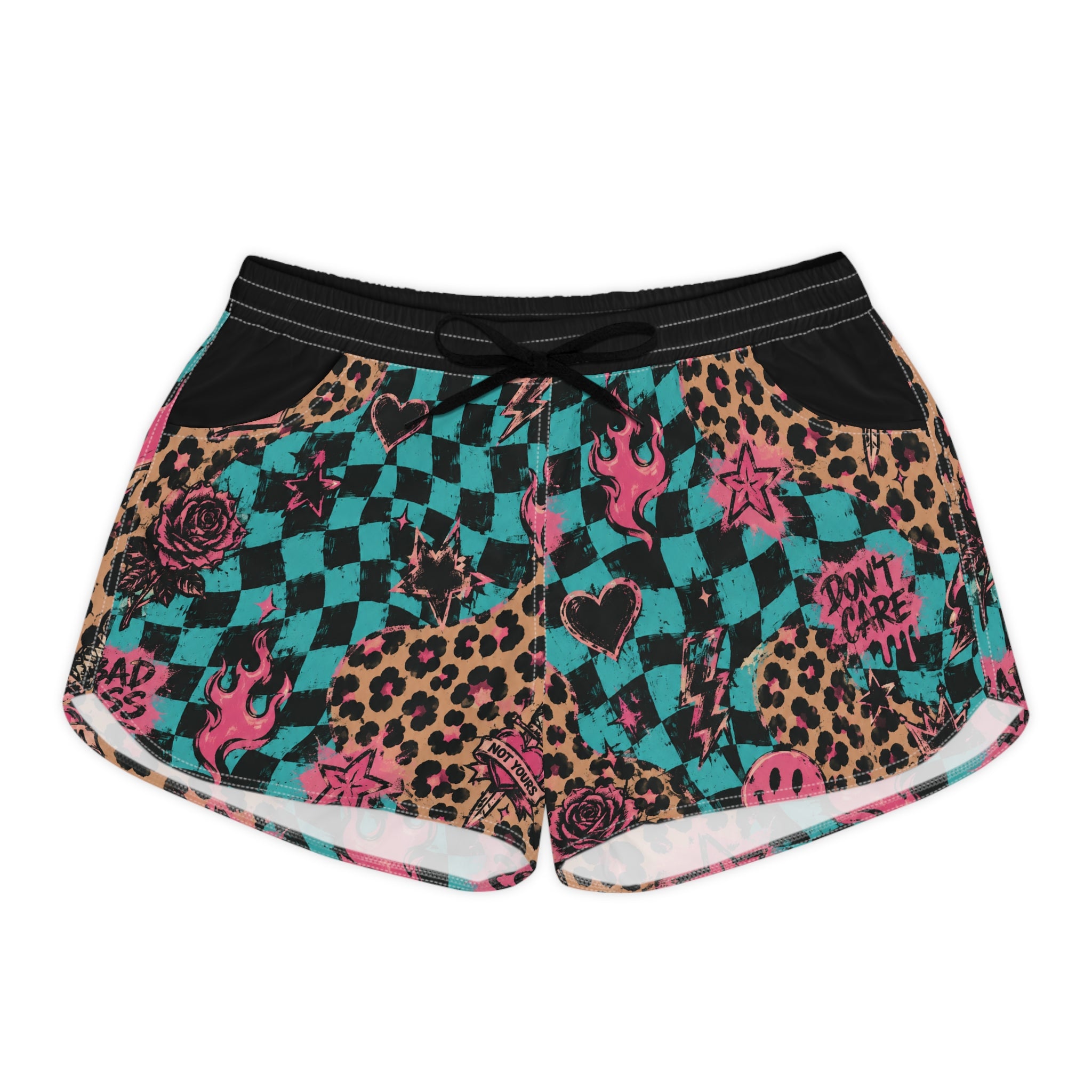 Checkerboard Leopard Flame Patterned Women's Casual Shorts — 'Don't Care' Graphic