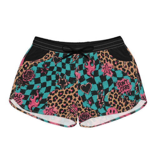 Checkerboard Leopard Flame Patterned Women's Casual Shorts — 'Don't Care' Graphic