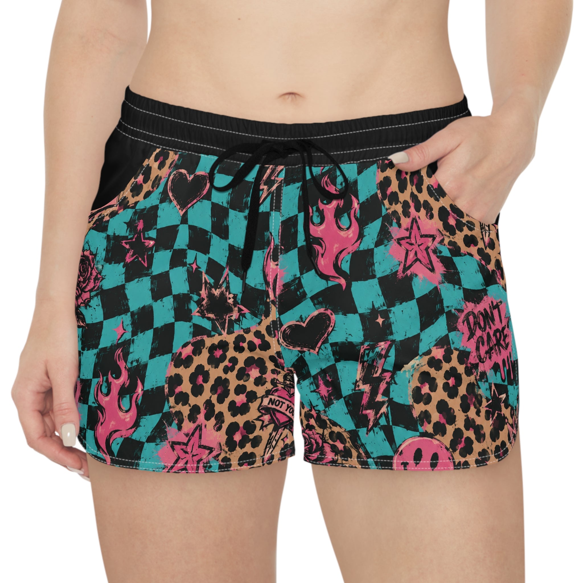 Checkerboard Leopard Flame Patterned Women's Casual Shorts — 'Don't Care' Graphic