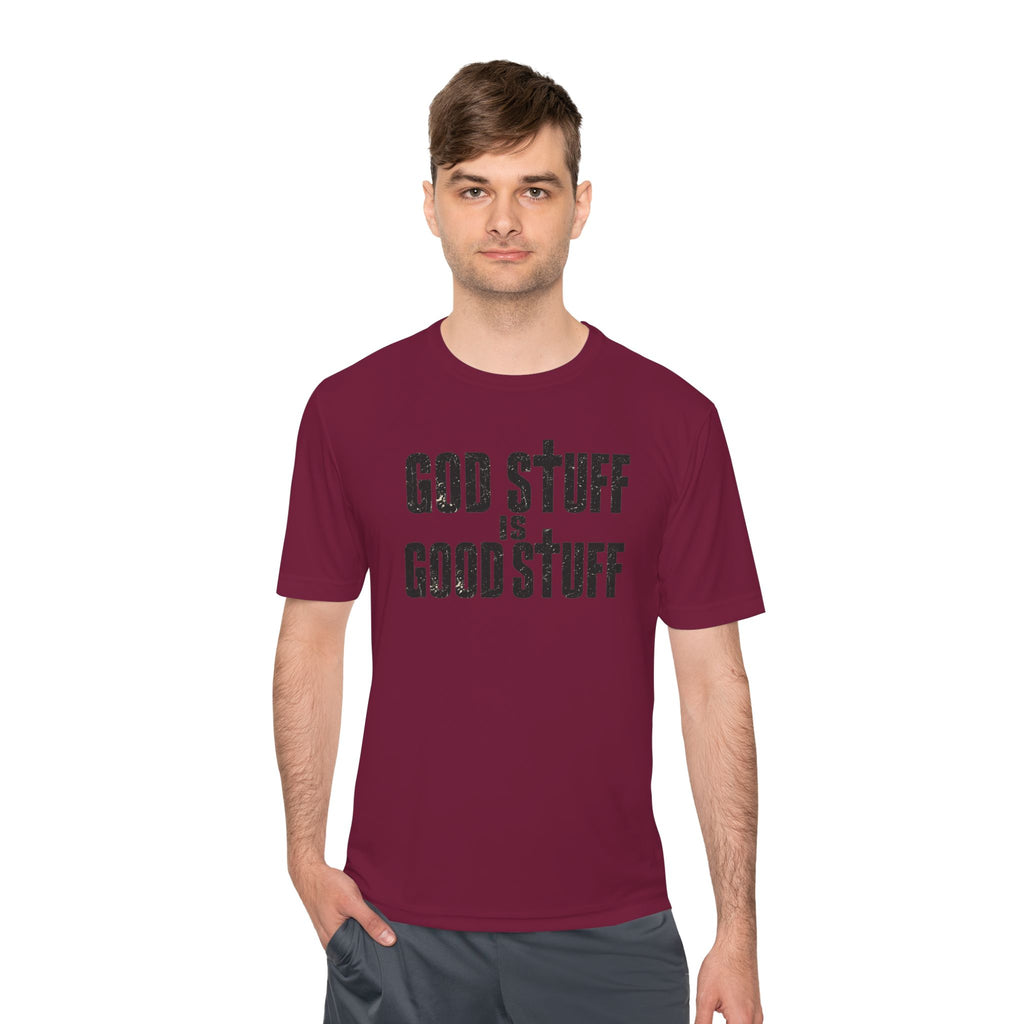 Christian Tee — "God Stuff Is Good Stuff" Psalm 34:8 Cross Graphic Moisture-Wicking Shirt