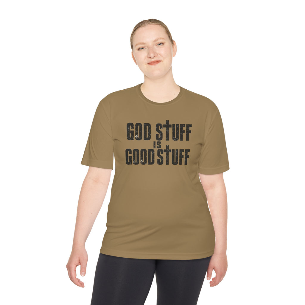 Christian Tee — "God Stuff Is Good Stuff" Psalm 34:8 Cross Graphic Moisture-Wicking Shirt