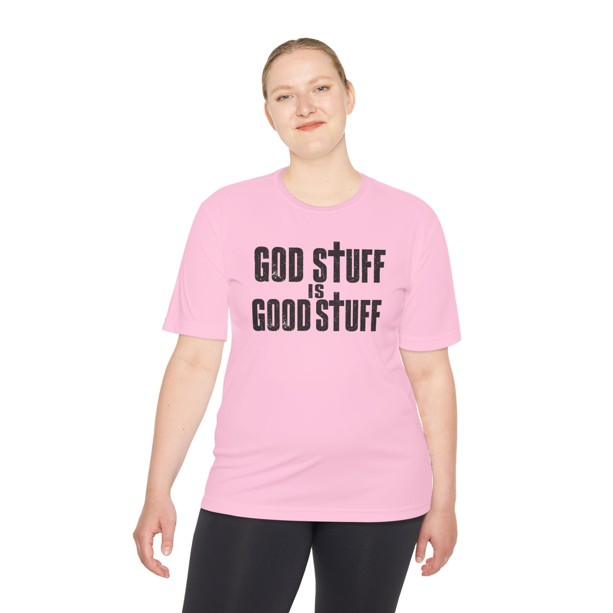 Christian Tee — "God Stuff Is Good Stuff" Psalm 34:8 Cross Graphic Moisture-Wicking Shirt
