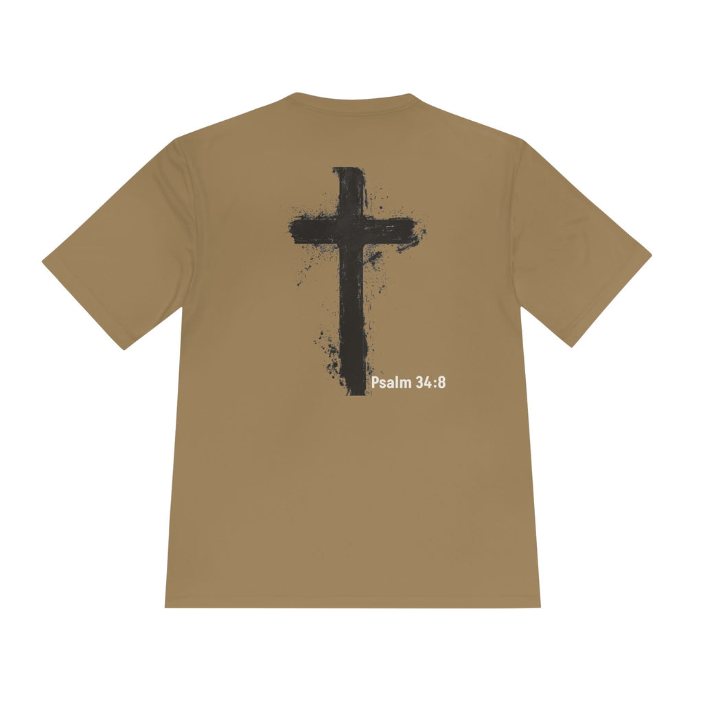 Christian Tee — "God Stuff Is Good Stuff" Psalm 34:8 Cross Graphic Moisture-Wicking Shirt