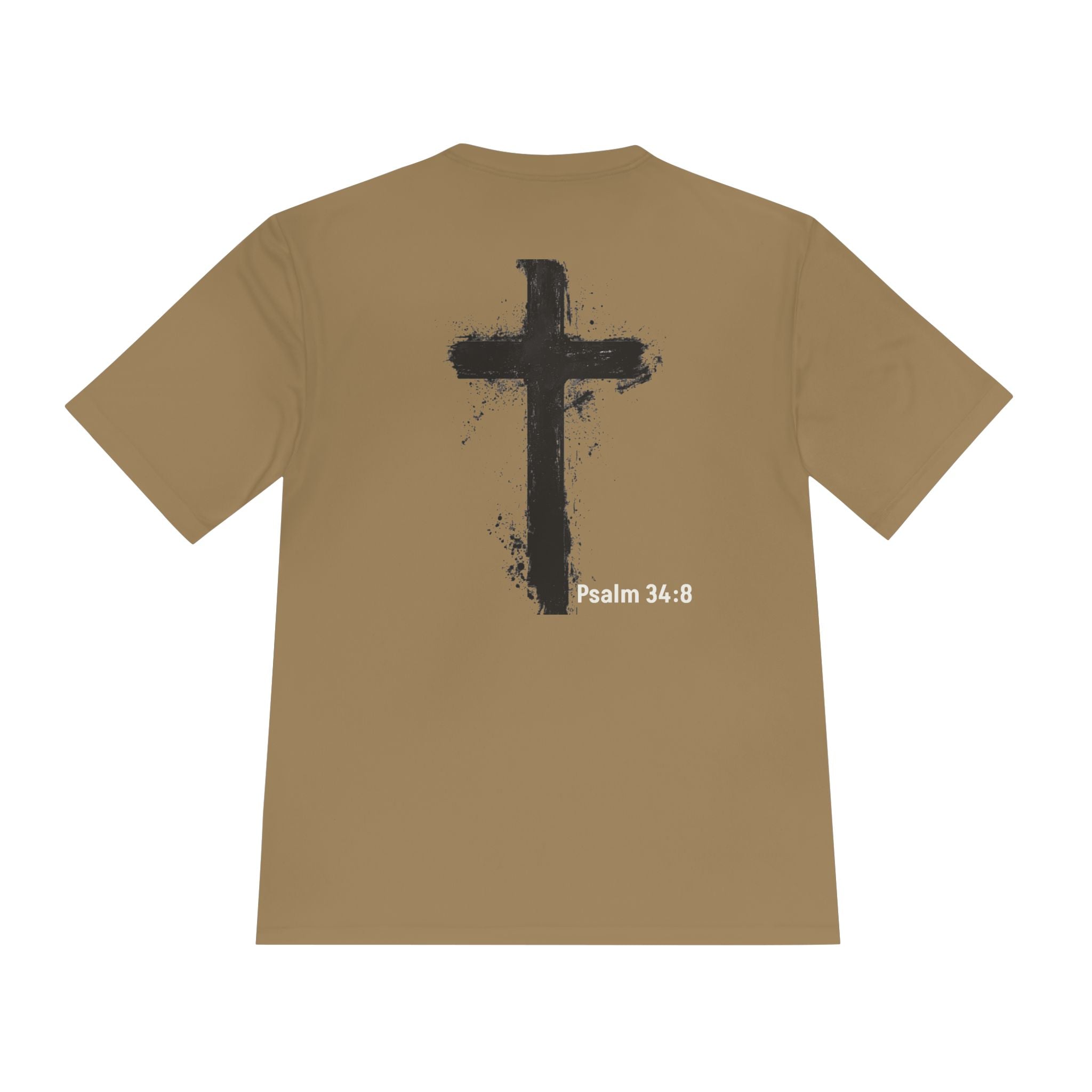 Christian Tee — "God Stuff Is Good Stuff" Psalm 34:8 Cross Graphic Moisture-Wicking Shirt