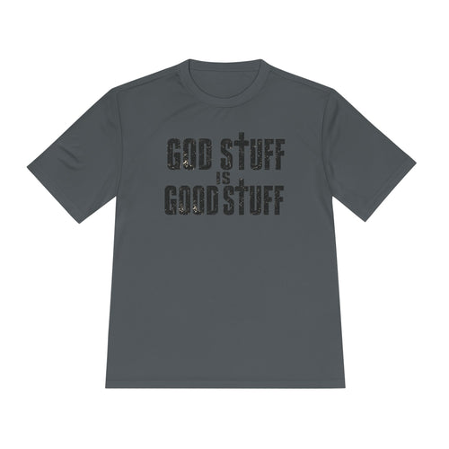 Christian Tee — "God Stuff Is Good Stuff" Psalm 34:8 Cross Graphic Moisture-Wicking Shirt