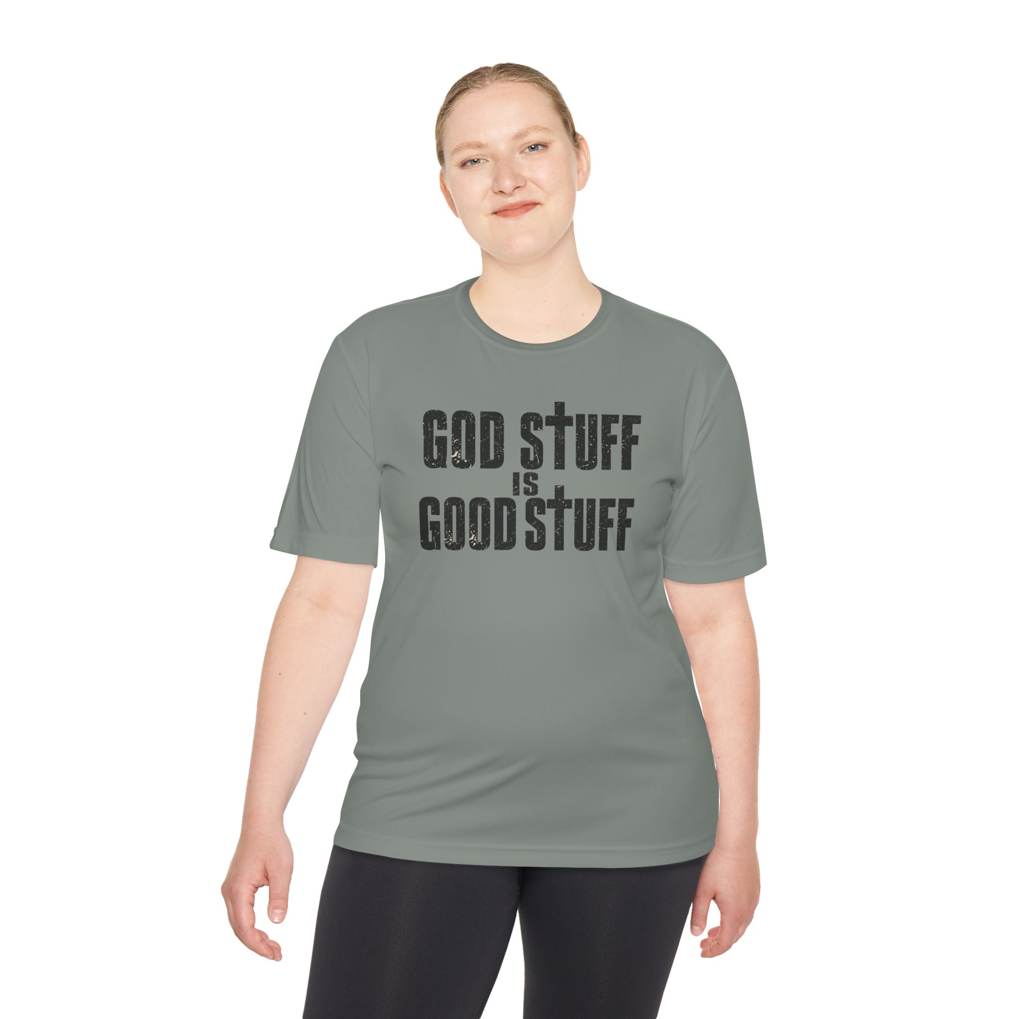 Christian Tee — "God Stuff Is Good Stuff" Psalm 34:8 Cross Graphic Moisture-Wicking Shirt