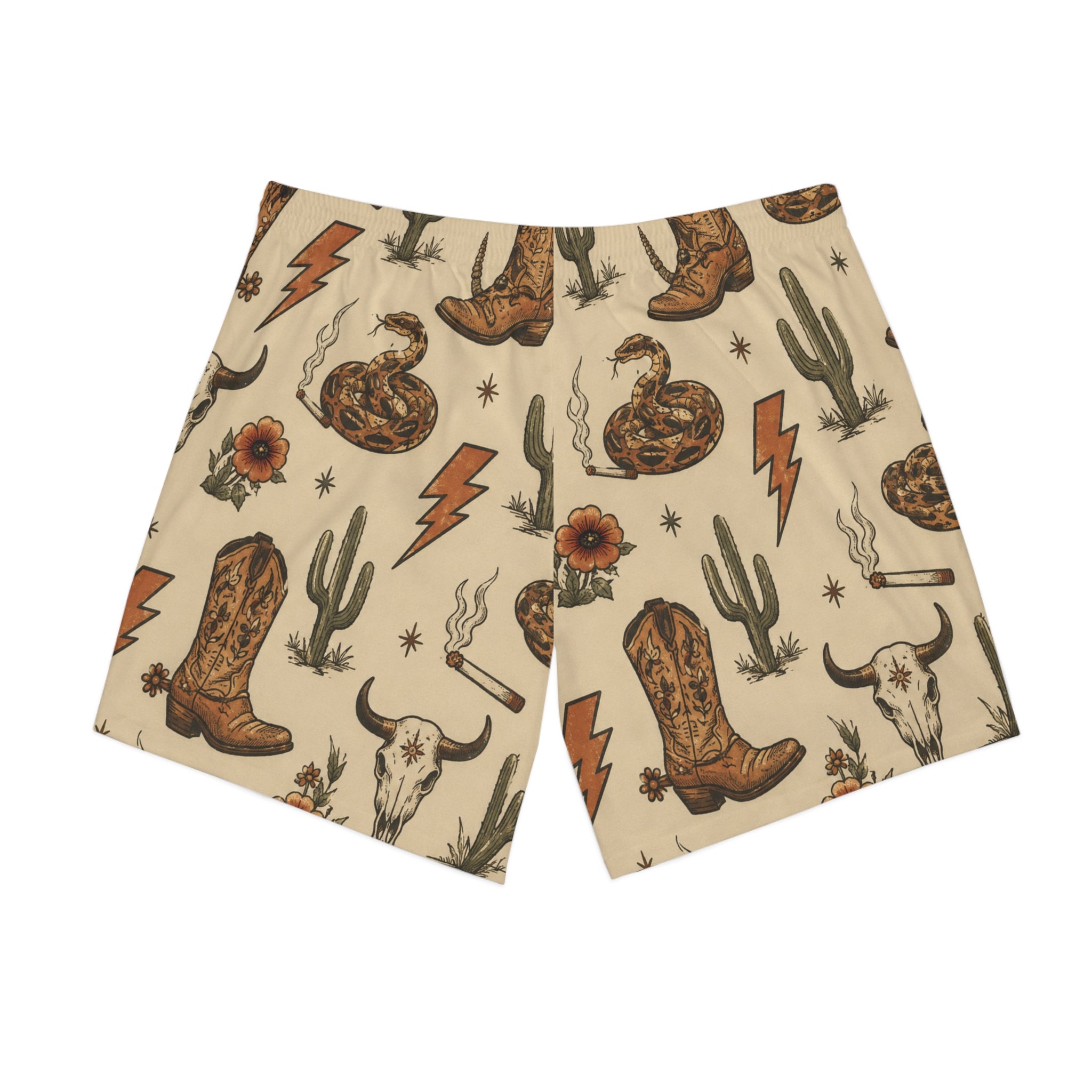 Western Desert Pattern Beach Shorts — Cowboy Boots, Snake & Cactus Print