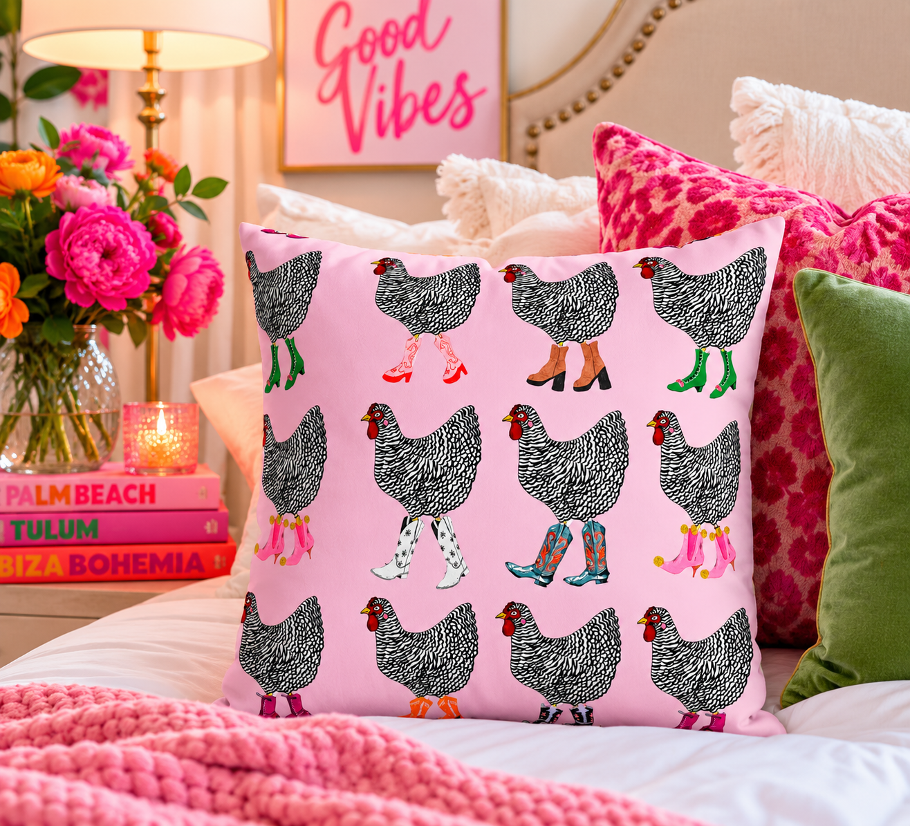 Chicken Pattern Velvet Pillow — Pink Farmhouse Decorative Throw Cushion