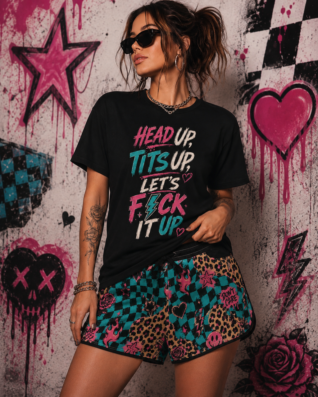 Checkerboard Leopard Flame Patterned Women's Casual Shorts — 'Don't Care' Graphic