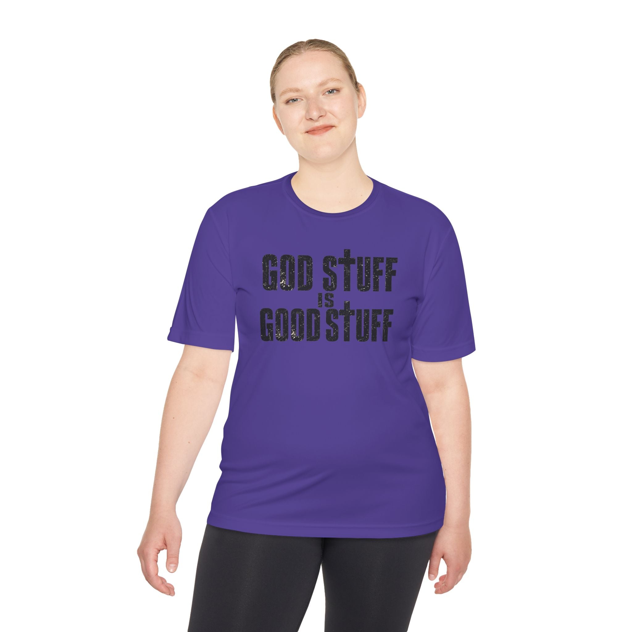 Christian Tee — "God Stuff Is Good Stuff" Psalm 34:8 Cross Graphic Moisture-Wicking Shirt