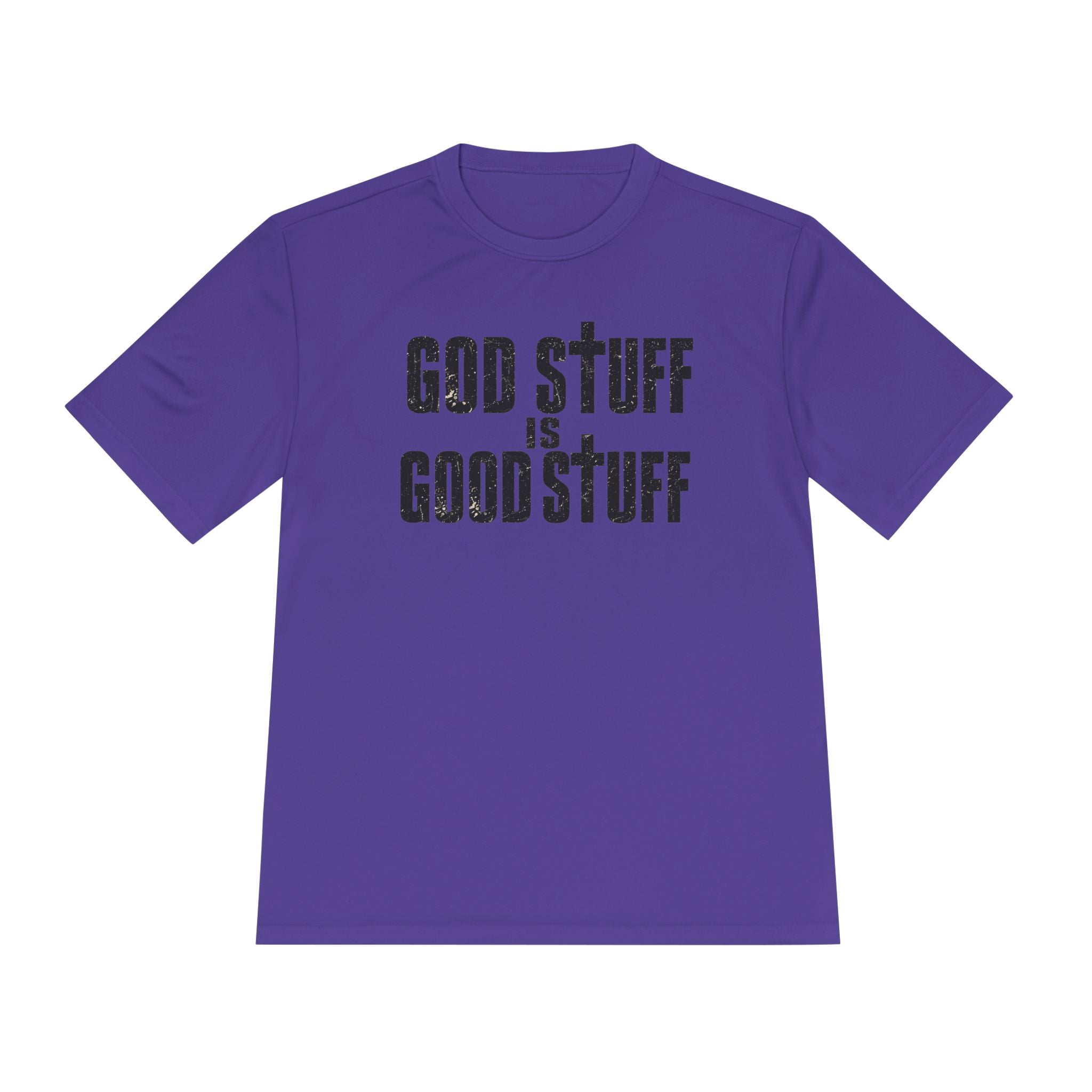 Christian Tee — "God Stuff Is Good Stuff" Psalm 34:8 Cross Graphic Moisture-Wicking Shirt