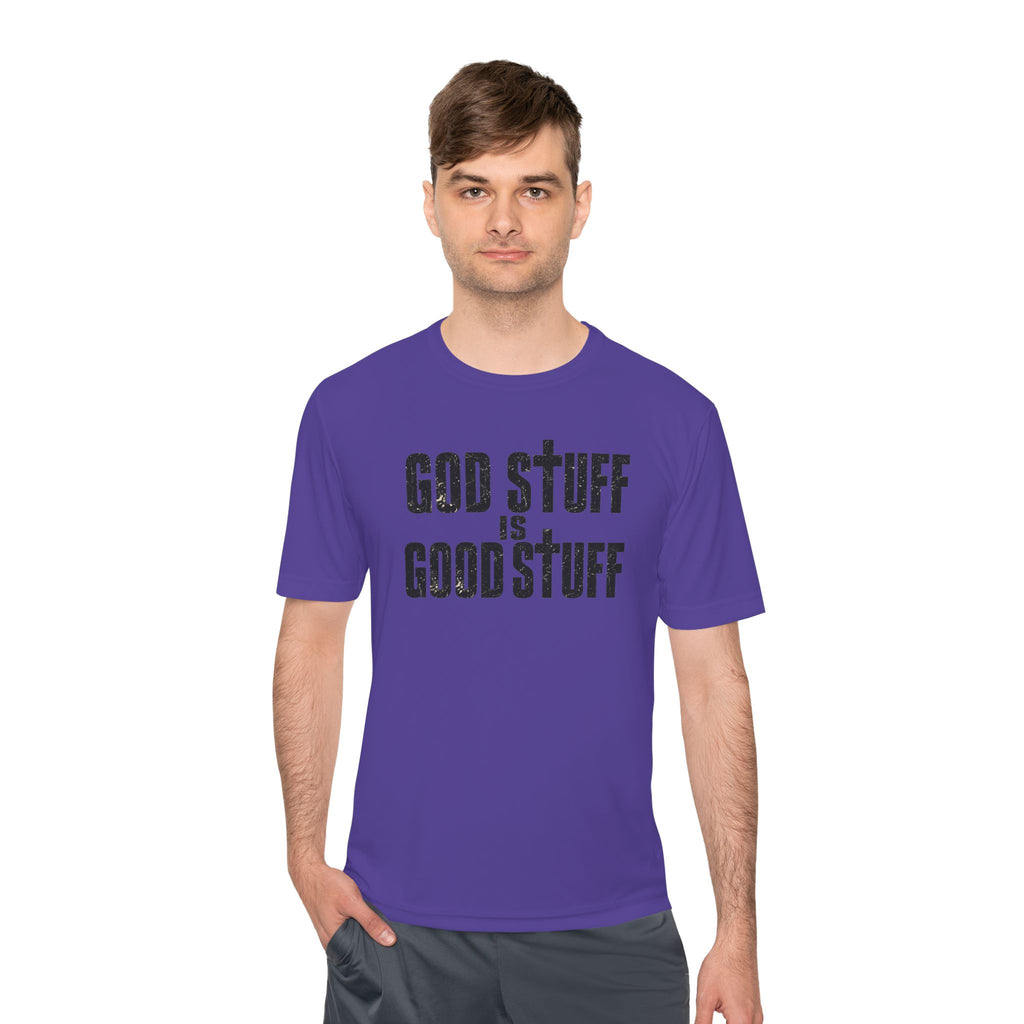 Christian Tee — "God Stuff Is Good Stuff" Psalm 34:8 Cross Graphic Moisture-Wicking Shirt