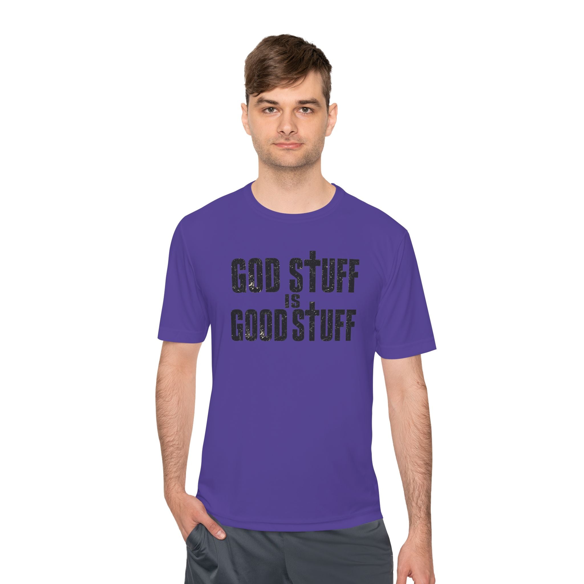 Christian Tee — "God Stuff Is Good Stuff" Psalm 34:8 Cross Graphic Moisture-Wicking Shirt
