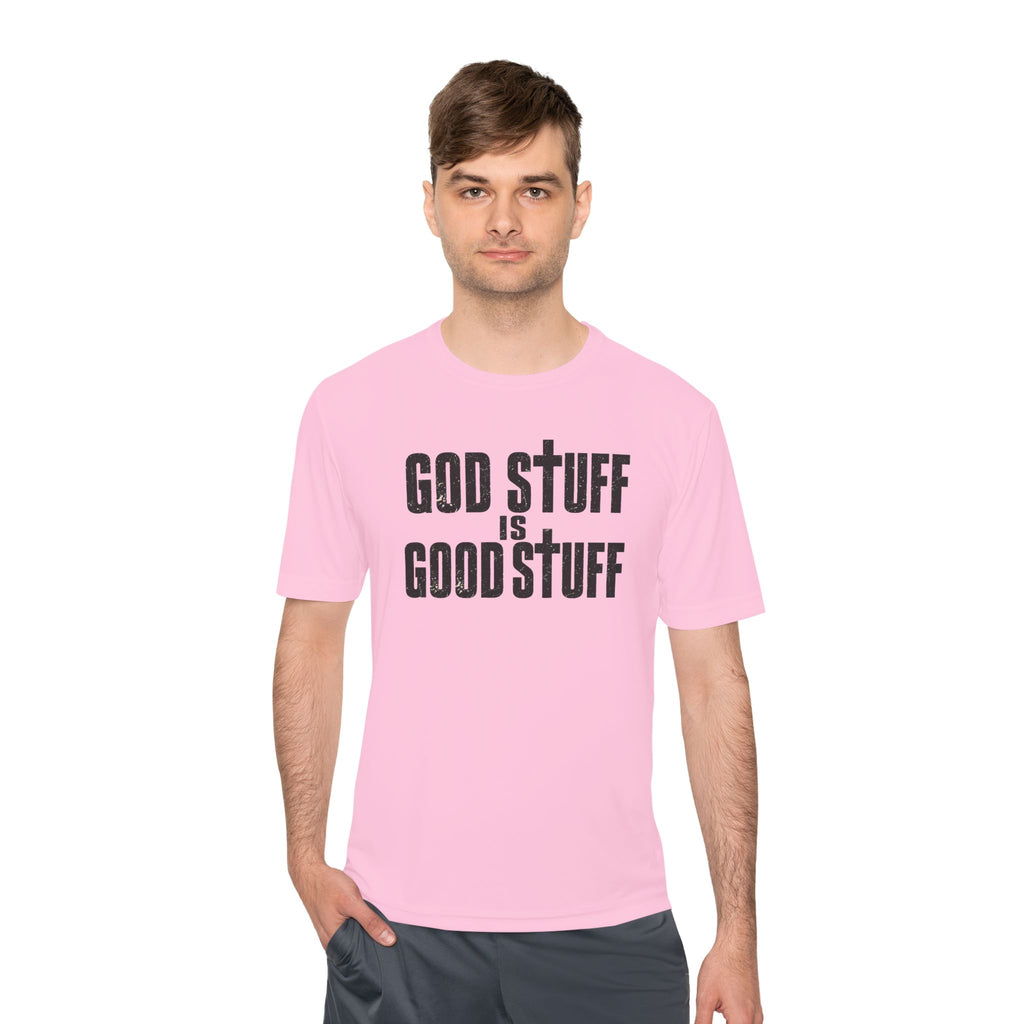 Christian Tee — "God Stuff Is Good Stuff" Psalm 34:8 Cross Graphic Moisture-Wicking Shirt