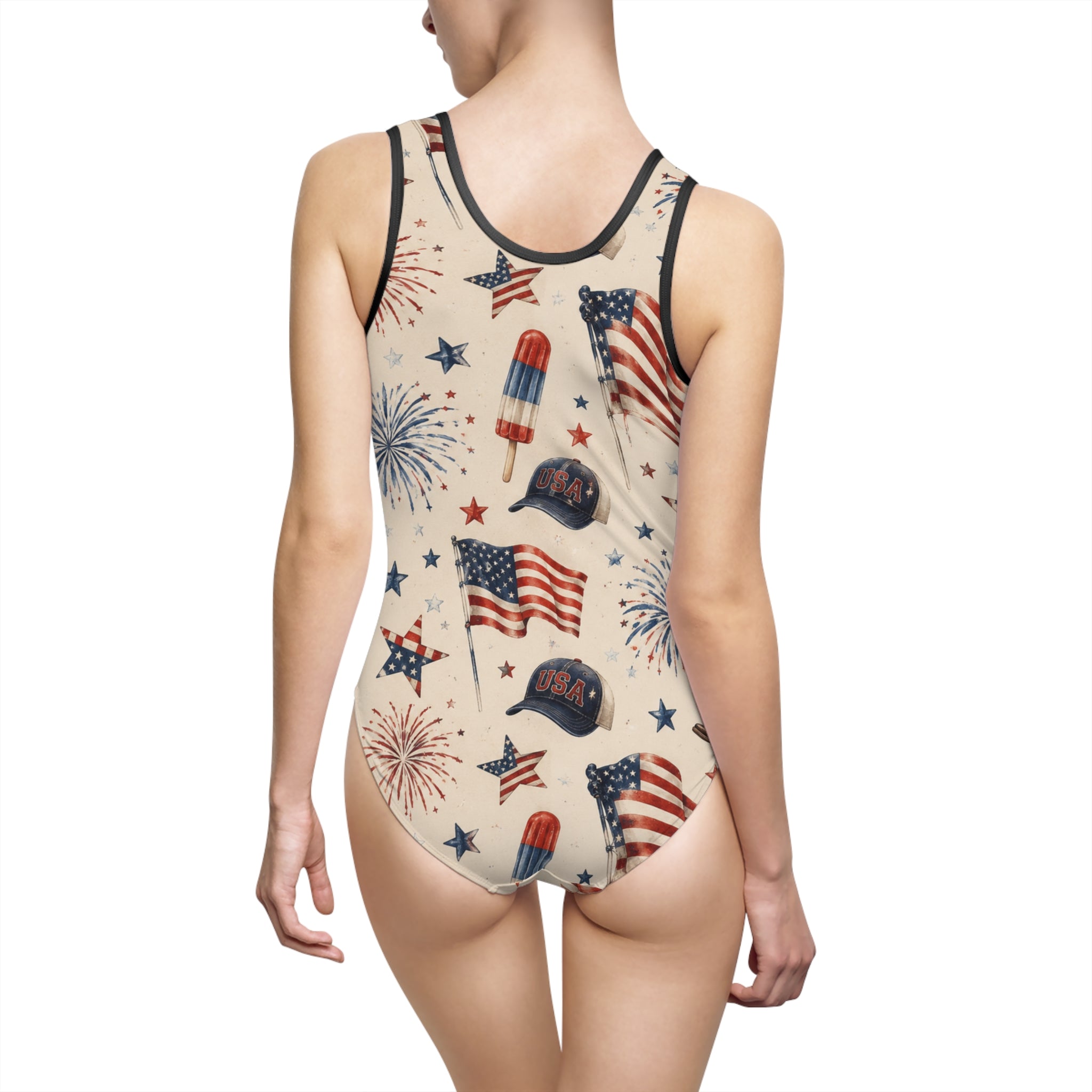 Patriotic American Flag One-Piece Swimsuit – Stars, Fireworks & Summer Icons
