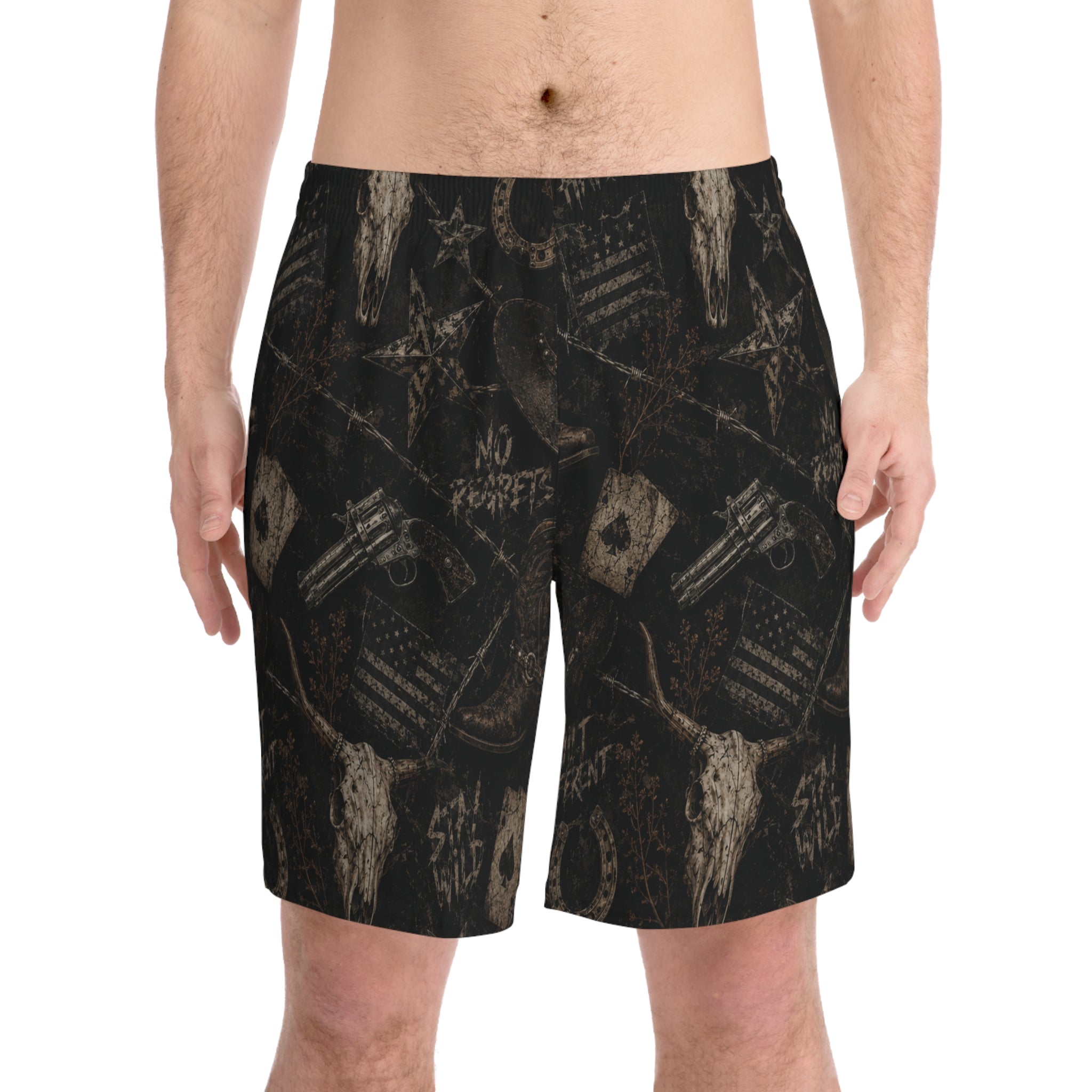 Men's Beach Shorts - Rustic Western Skull & 'Stay Wild' Pattern