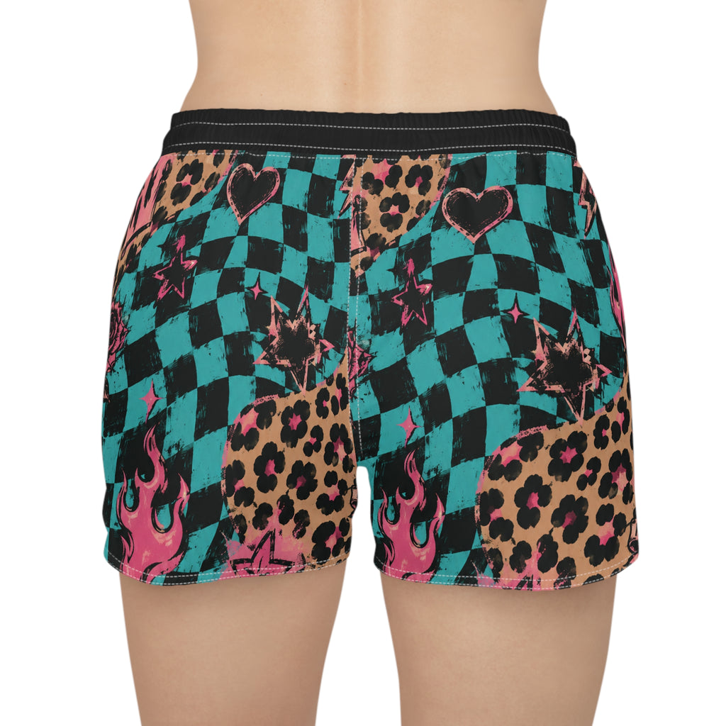 Checkerboard Leopard Flame Patterned Women's Casual Shorts — 'Don't Care' Graphic