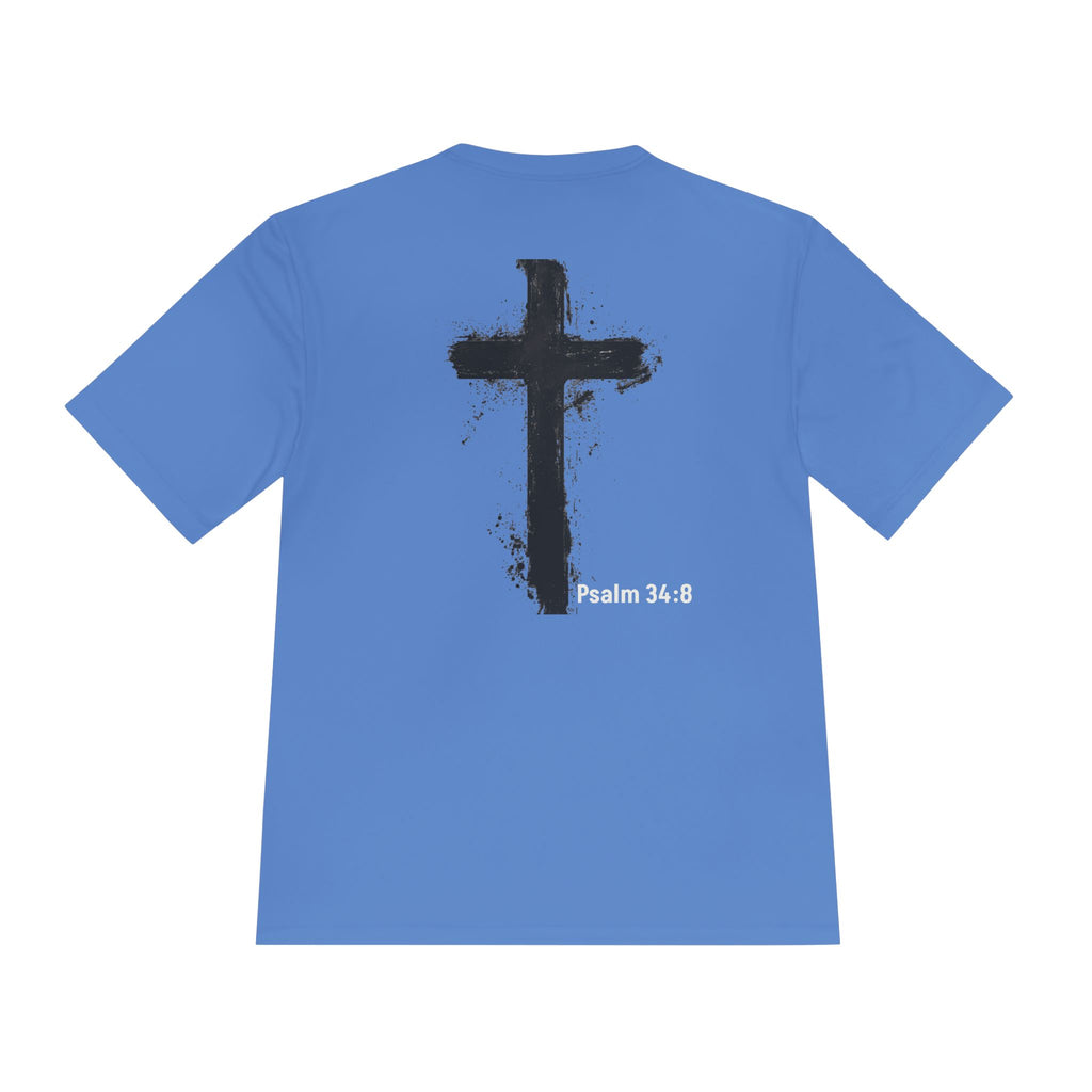 Christian Tee — "God Stuff Is Good Stuff" Psalm 34:8 Cross Graphic Moisture-Wicking Shirt