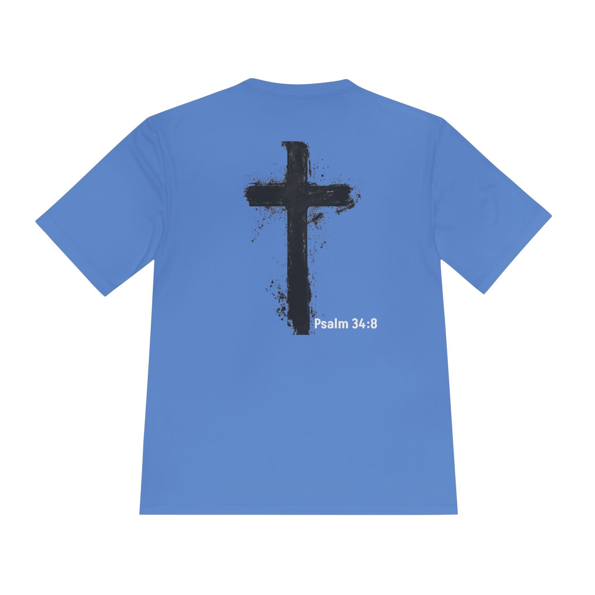 Christian Tee — "God Stuff Is Good Stuff" Psalm 34:8 Cross Graphic Moisture-Wicking Shirt