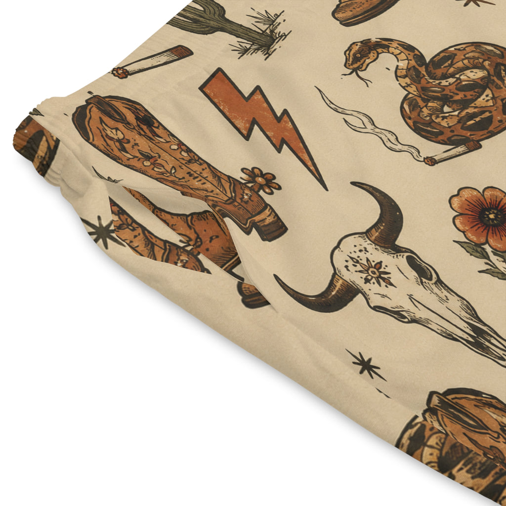 Western Desert Pattern Beach Shorts — Cowboy Boots, Snake & Cactus Print
