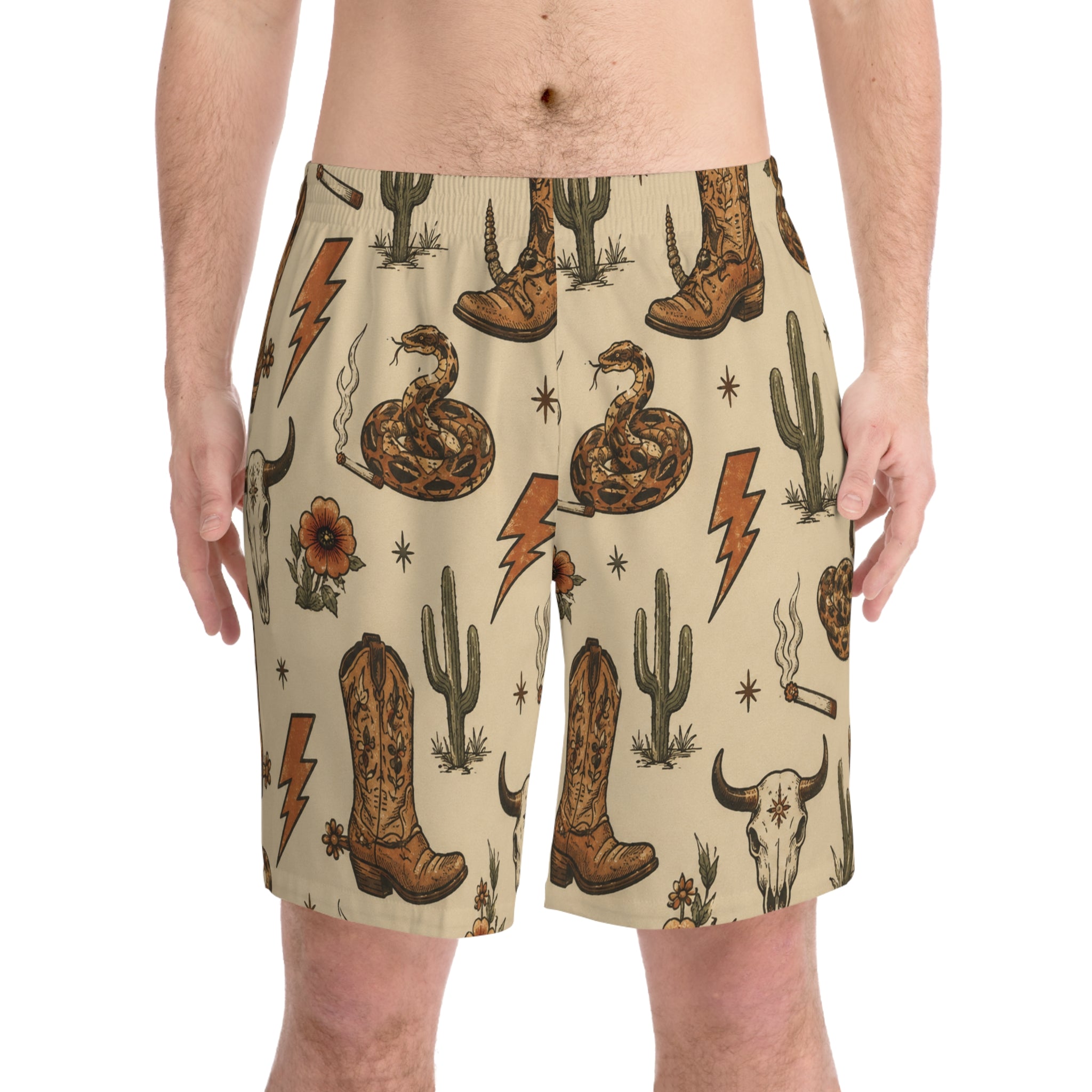 Western Desert Pattern Beach Shorts — Cowboy Boots, Snake & Cactus Print