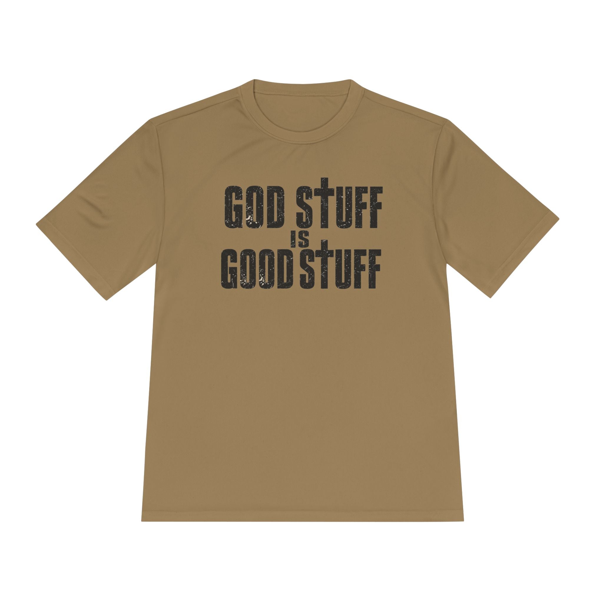 Christian Tee — "God Stuff Is Good Stuff" Psalm 34:8 Cross Graphic Moisture-Wicking Shirt