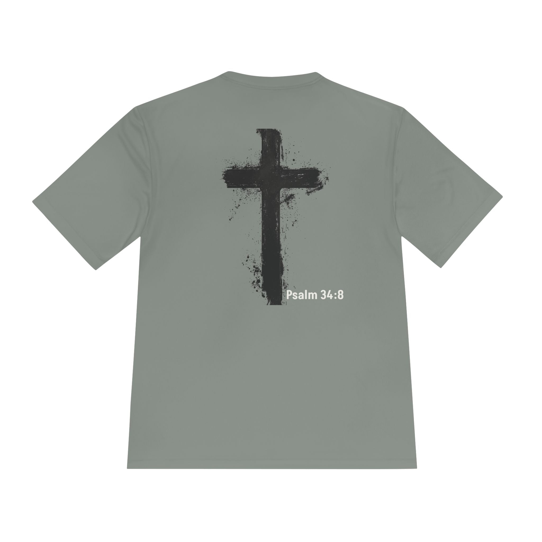 Christian Tee — "God Stuff Is Good Stuff" Psalm 34:8 Cross Graphic Moisture-Wicking Shirt