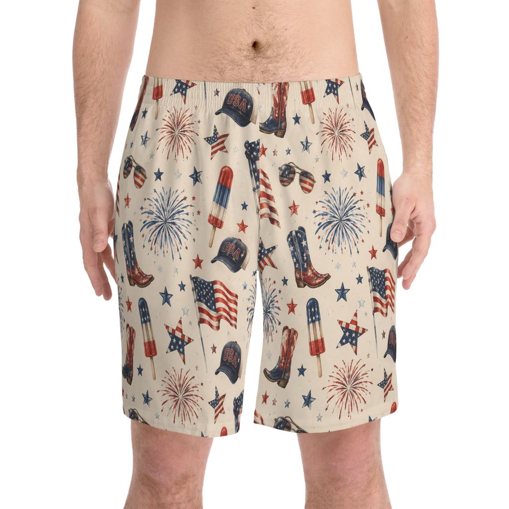 Patriotic Fourth of July Beach Shorts — American Flag Fireworks Print
