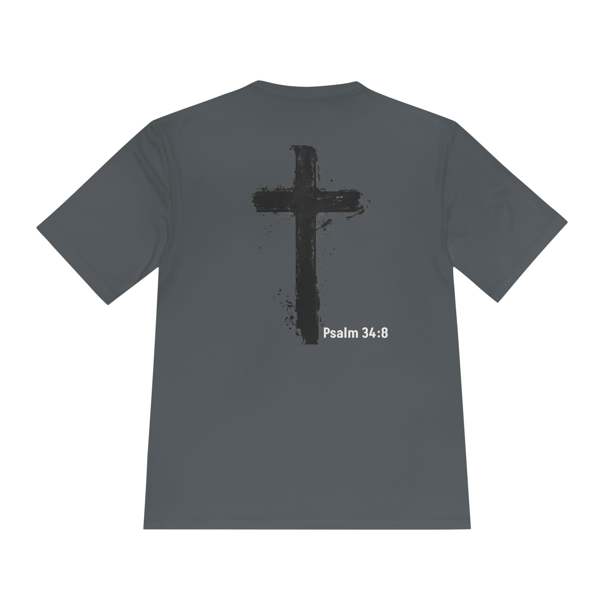 Christian Tee — "God Stuff Is Good Stuff" Psalm 34:8 Cross Graphic Moisture-Wicking Shirt