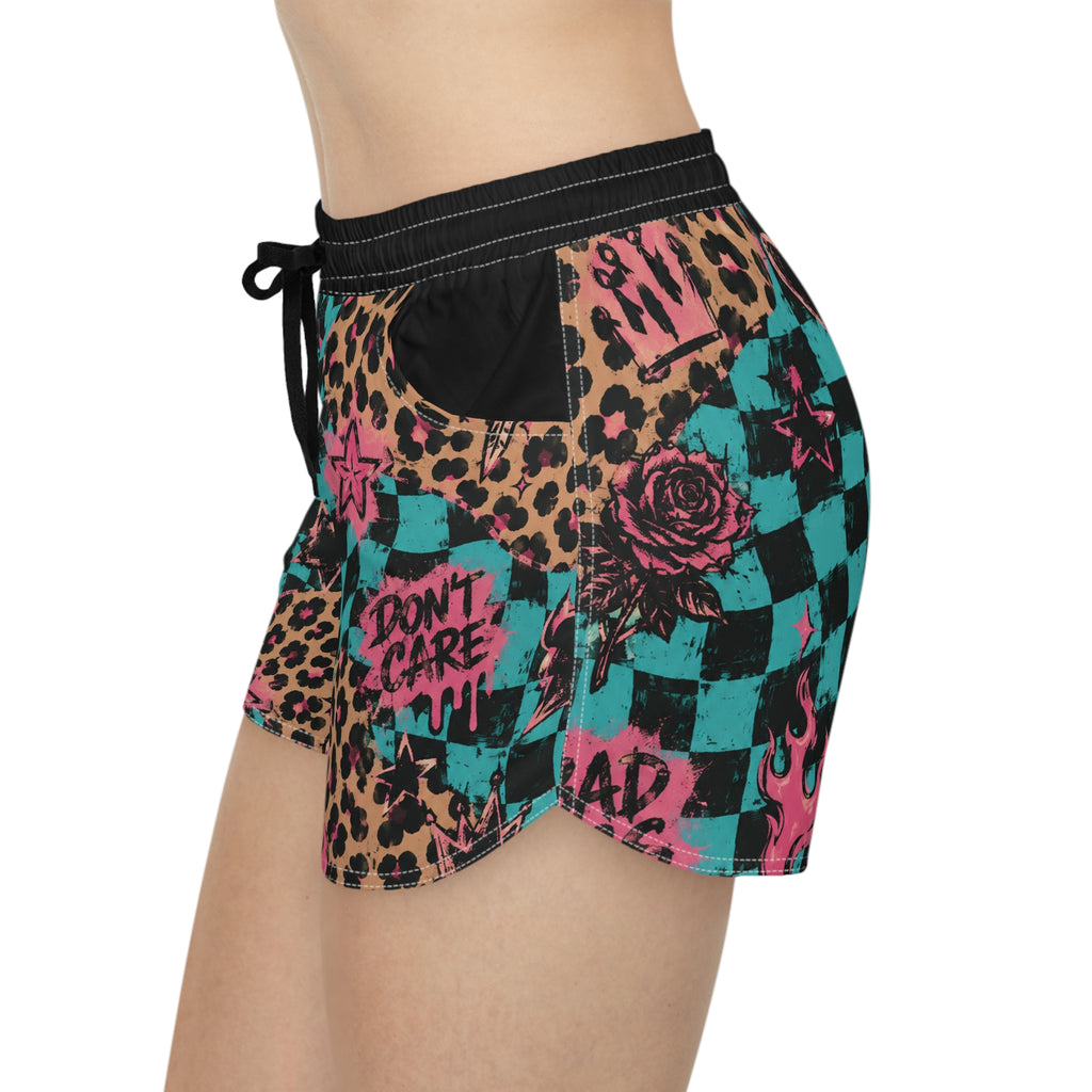 Checkerboard Leopard Flame Patterned Women's Casual Shorts — 'Don't Care' Graphic